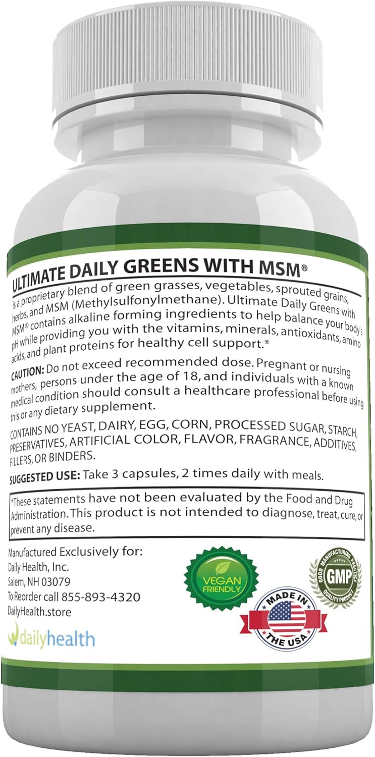 Vegan-Friendly Daily Health Ultimate Greens Capsules with MSM 1925mg - 540 Count, Non-GMO, Gluten and Soy-Free