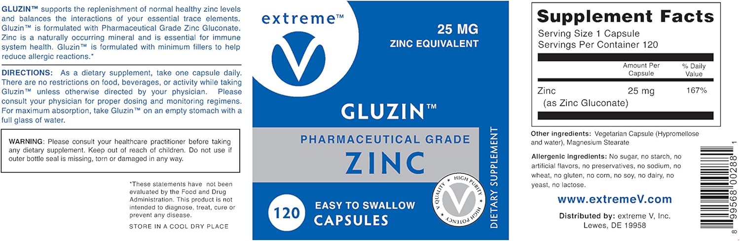 Vegan-Friendly Gluzin 25MG Zinc Capsules for Ultimate Defense - Pharmaceutical Grade (120 Vegetarian Caps)