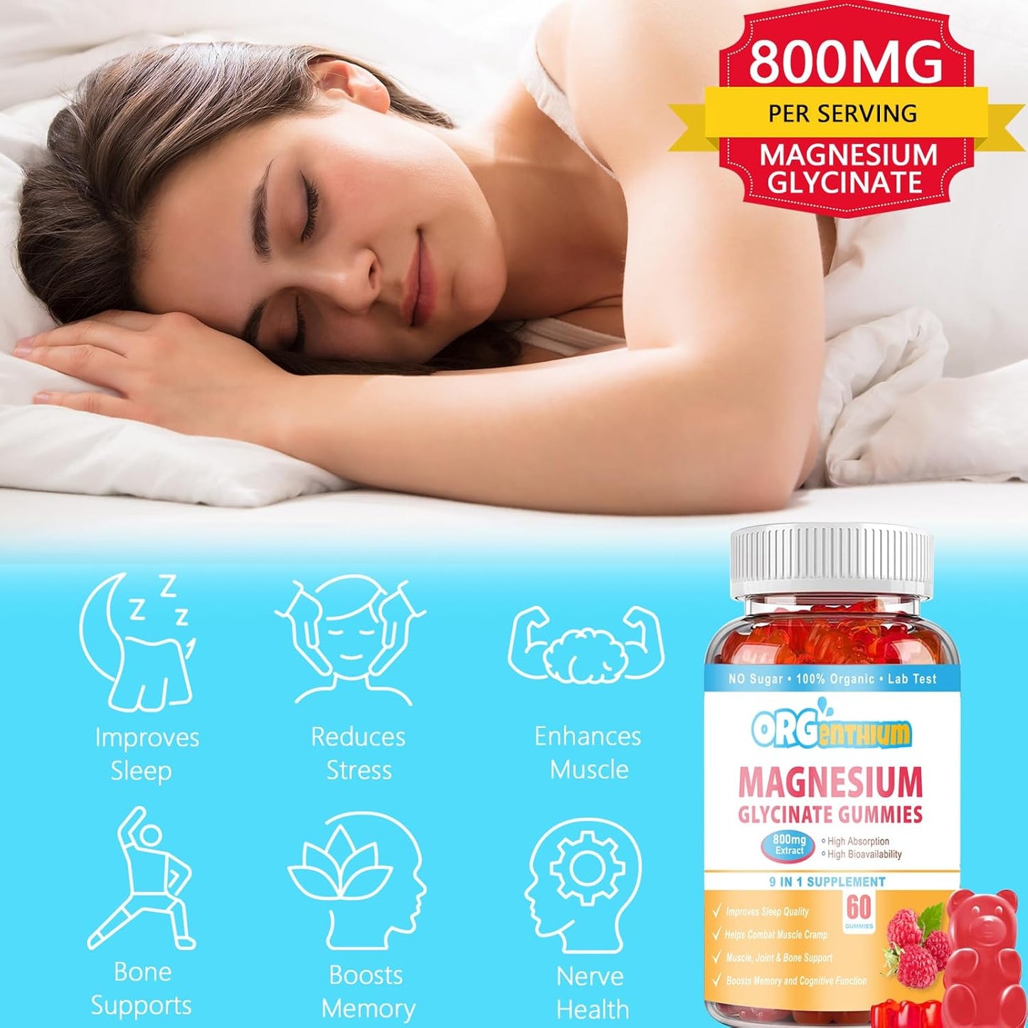 Vegan-Friendly OrgEnthium Magnesium Glycinate Gummies for Relaxation | Sugar-Free, Gluten-Free, Non-GMO | 60 Count