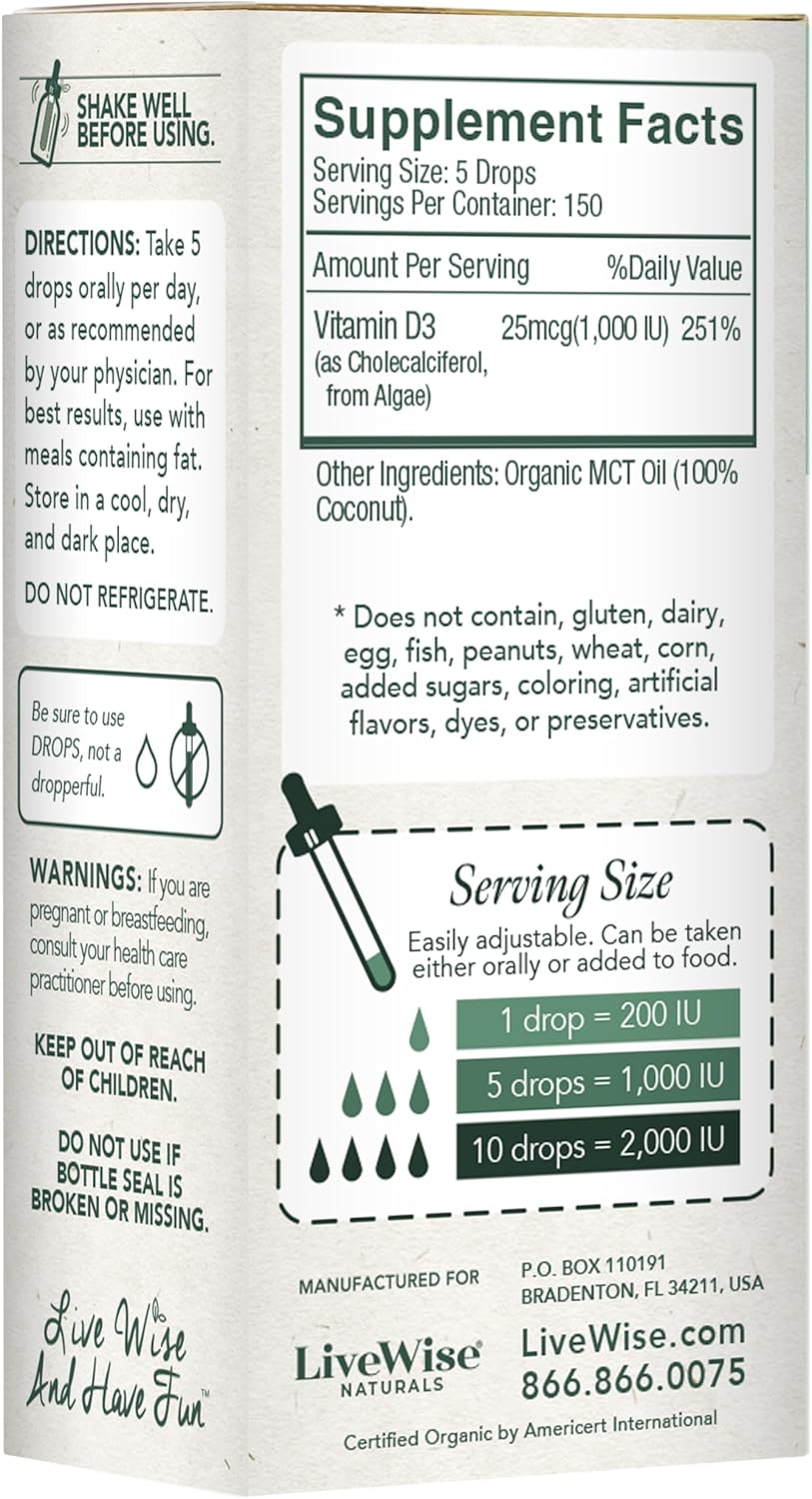Vegan-Friendly Vitamin D3 Liquid Drops by Live Wise Naturals for Optimal Health and Wellness