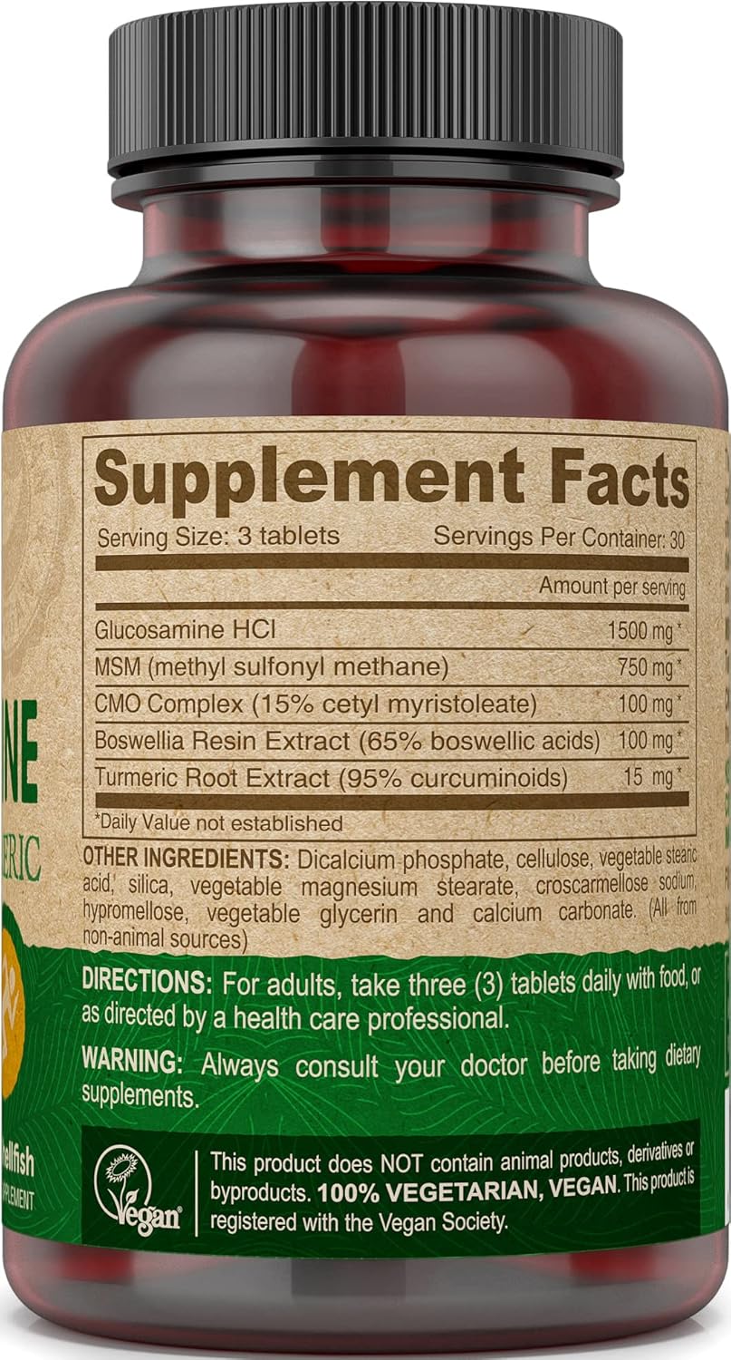 Vegan Glucosamine MSM & CMO Supplement with Hyaluronic Acid, Turmeric, Boswellia - 360 Tablets