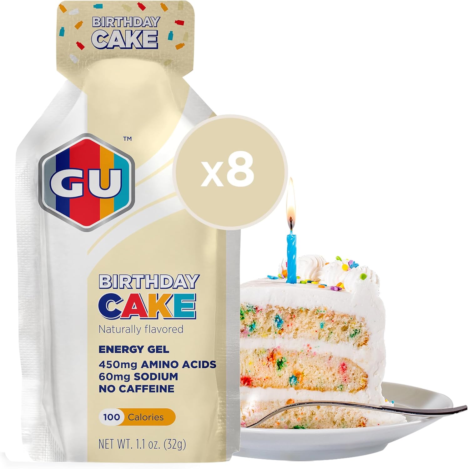 Vegan Gluten-Free Dairy-Free Energy Gel for Workouts, Birthday Cake Flavor, 8-Count Pack