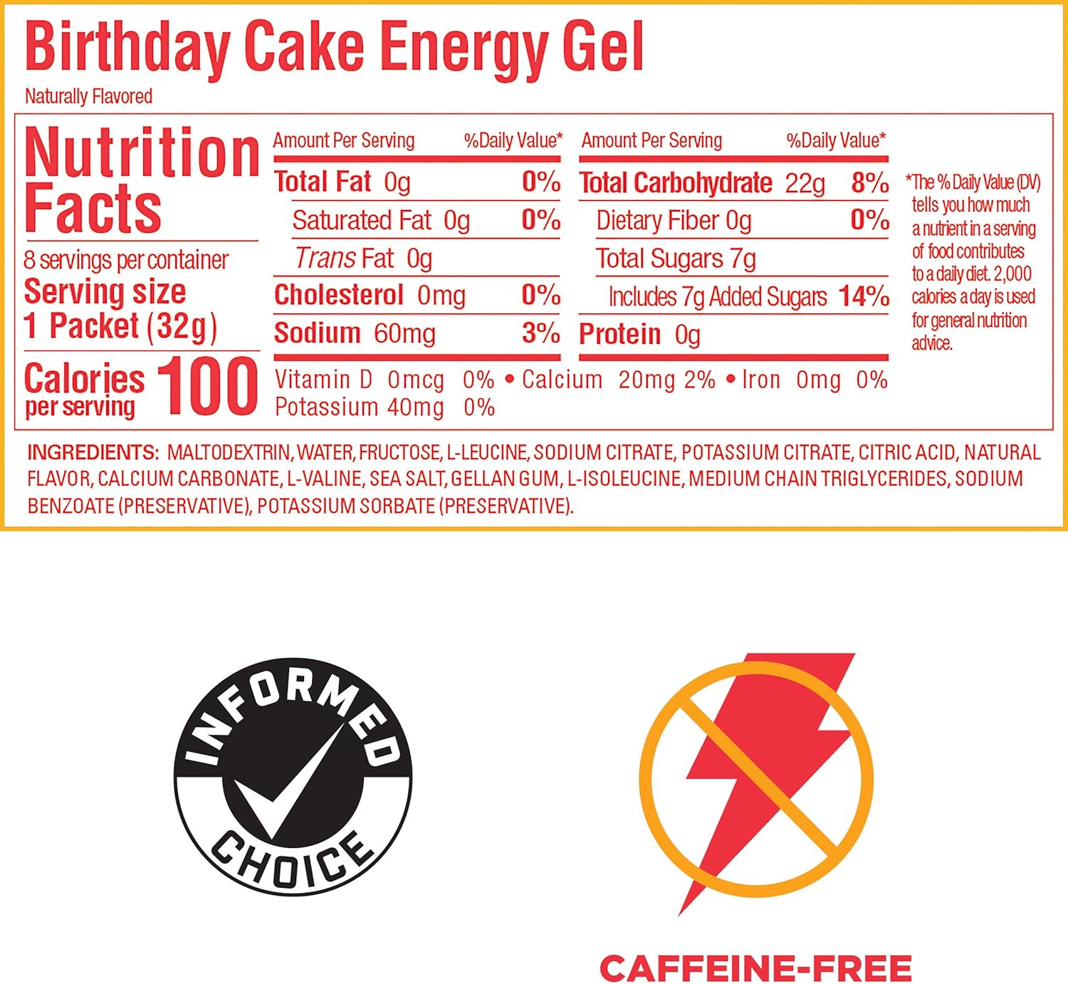 Vegan Gluten-Free Dairy-Free Energy Gel for Workouts, Birthday Cake Flavor, 8-Count Pack