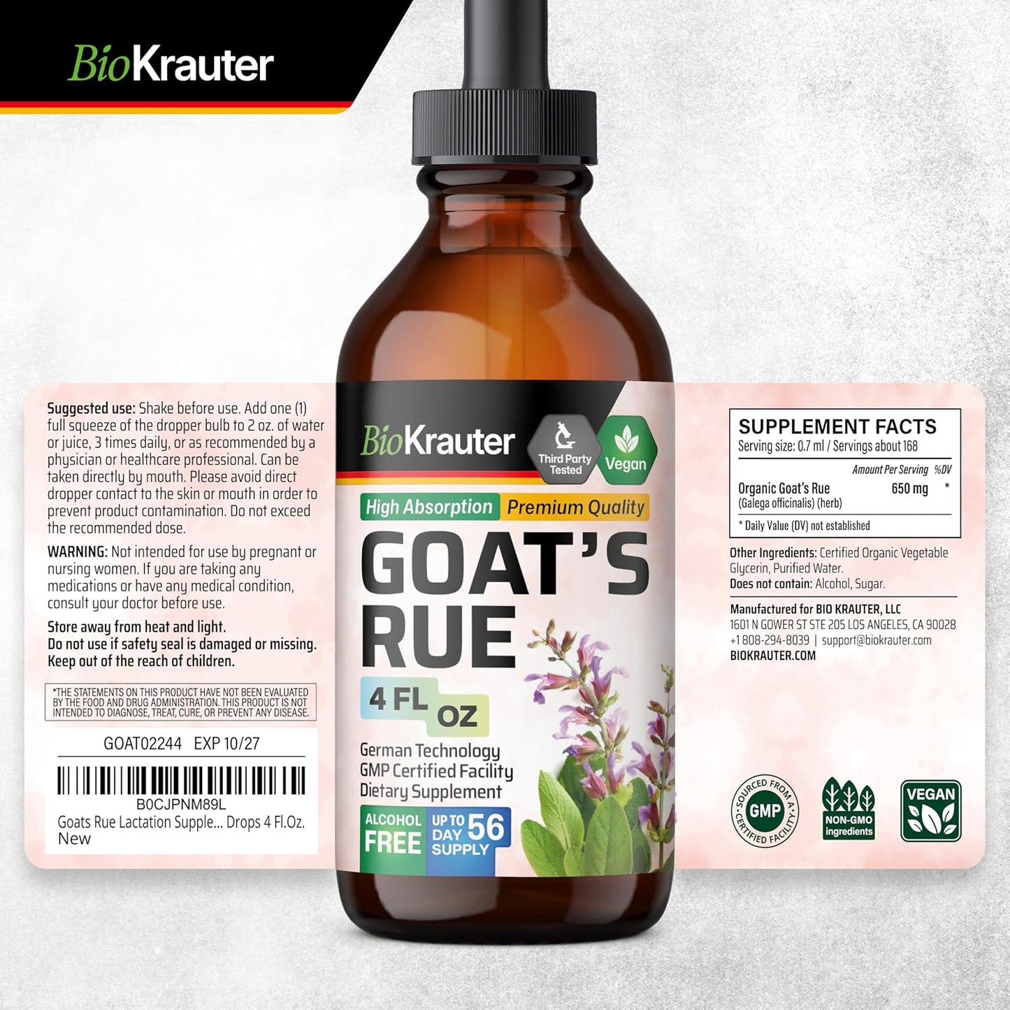 Vegan Goats Rue Lactation Tincture Drops - Alcohol & Sugar Free - 4 Fl.Oz.