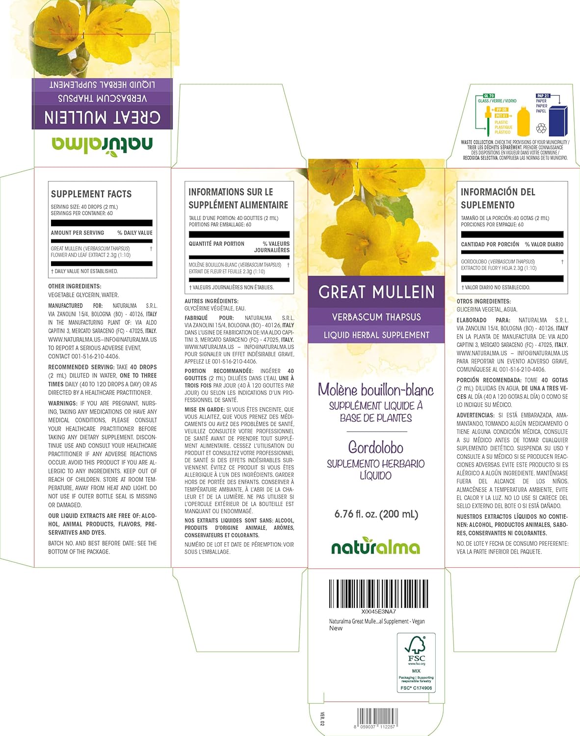 Vegan Great Mullein (Verbascum thapsus) Flower and Leaf Tincture - 6.76 fl oz Alcohol-Free Liquid Extract Drops - Herbal Supplement