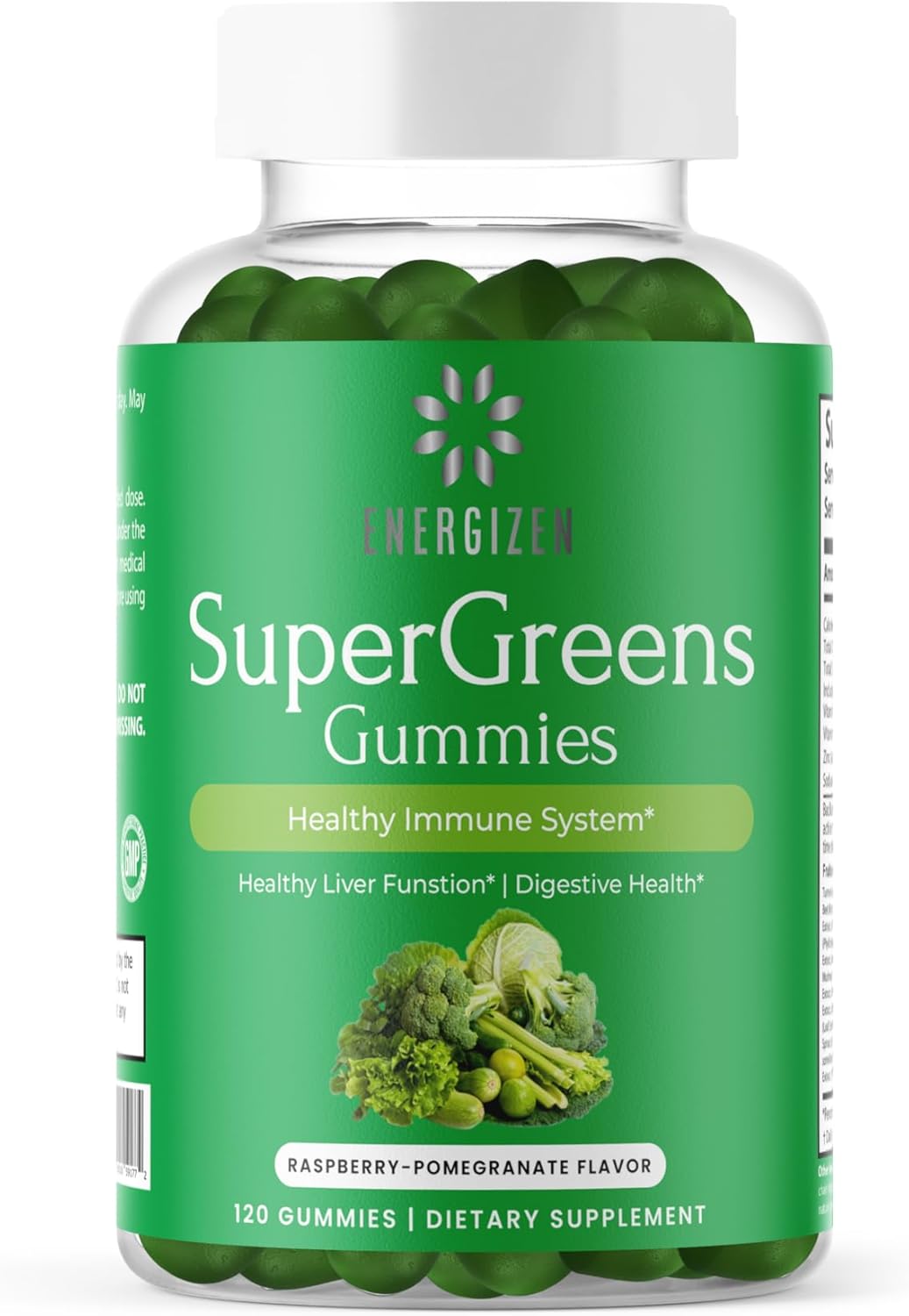 Vegan Green Superfood Gummies for Liver and Digestive Health - Immune Support - Raspberry Pomegranate Flavor - 120 Gummies