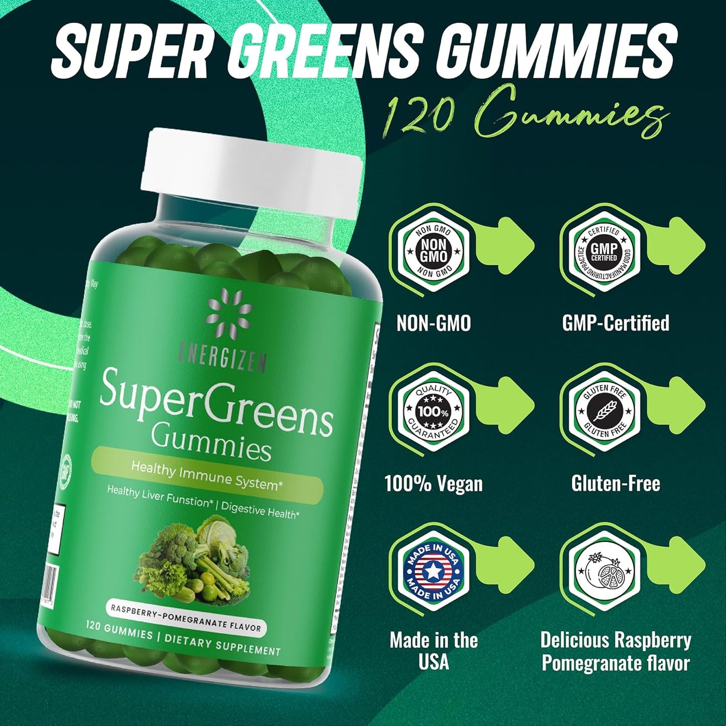 Vegan Green Superfood Gummies for Liver and Digestive Health - Immune Support - Raspberry Pomegranate Flavor - 120 Gummies