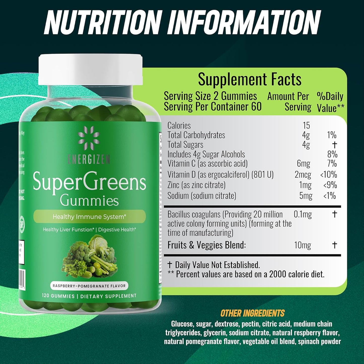 Vegan Green Superfood Gummies for Liver and Digestive Health - Immune Support - Raspberry Pomegranate Flavor - 120 Gummies