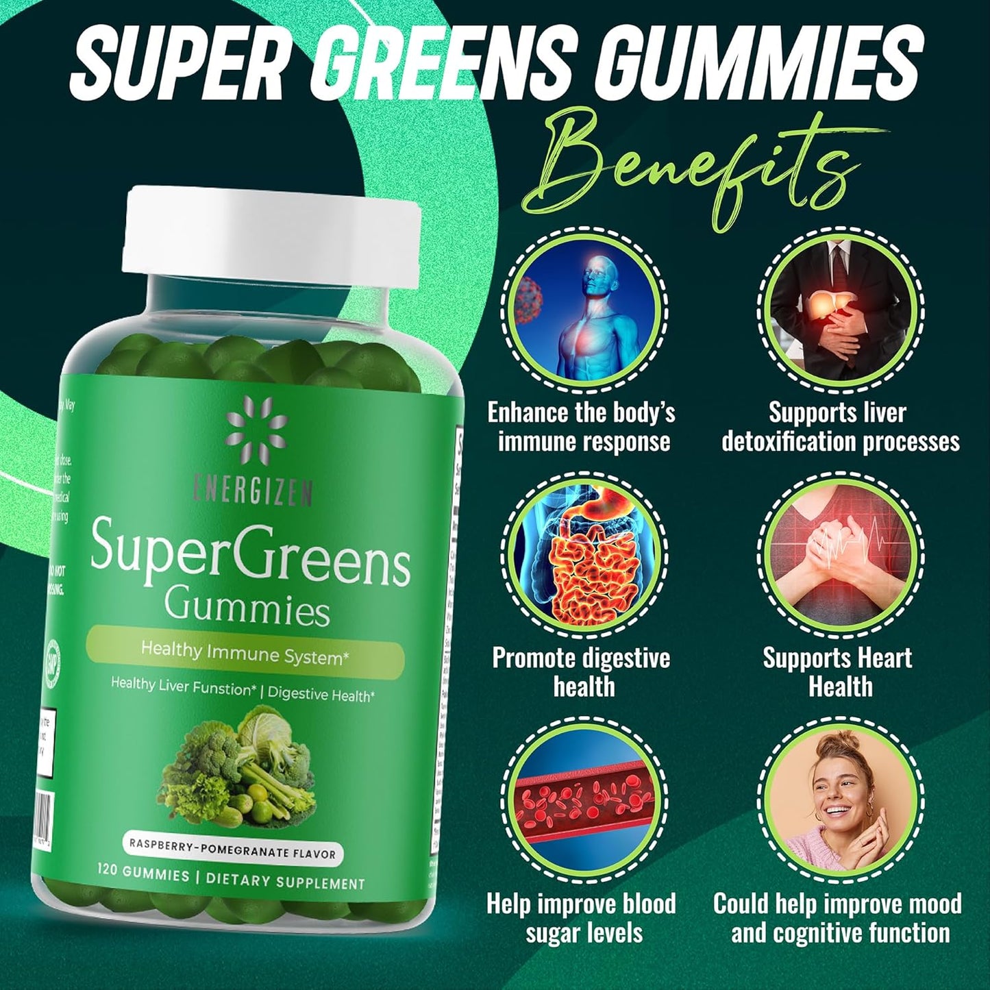 Vegan Green Superfood Gummies for Liver and Digestive Health - Immune Support - Raspberry Pomegranate Flavor - 120 Gummies