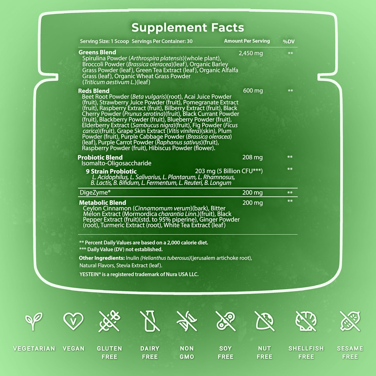 Vegan Greens Superfood Powder with 46 Superfoods, Probiotics & Enzymes - Boost Gut Health, Metabolism & Energy - 30 Servings