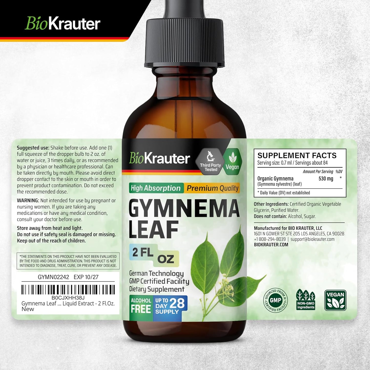 Vegan Gymnema Sylvestre Extract Drops - Alcohol and Sugar Free - 2 Fl.Oz. Leaf Extract