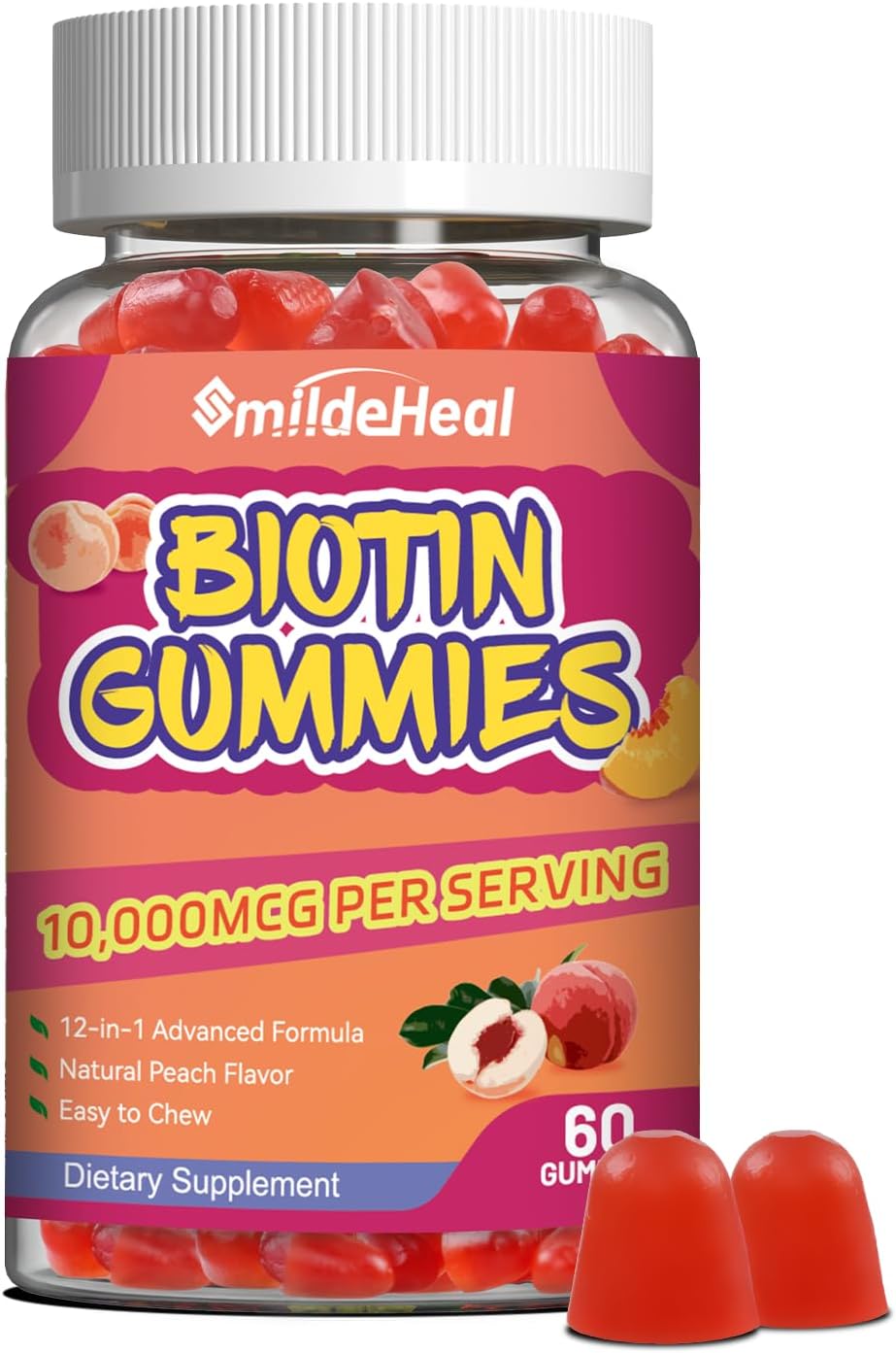 Vegan Hair Growth Gummies with Biotin 10000 mcg for Women & Men - Hair Skin Nails Vitamins with Folic Acid, Vitamin A, B, C, E & D - 60 Gummies