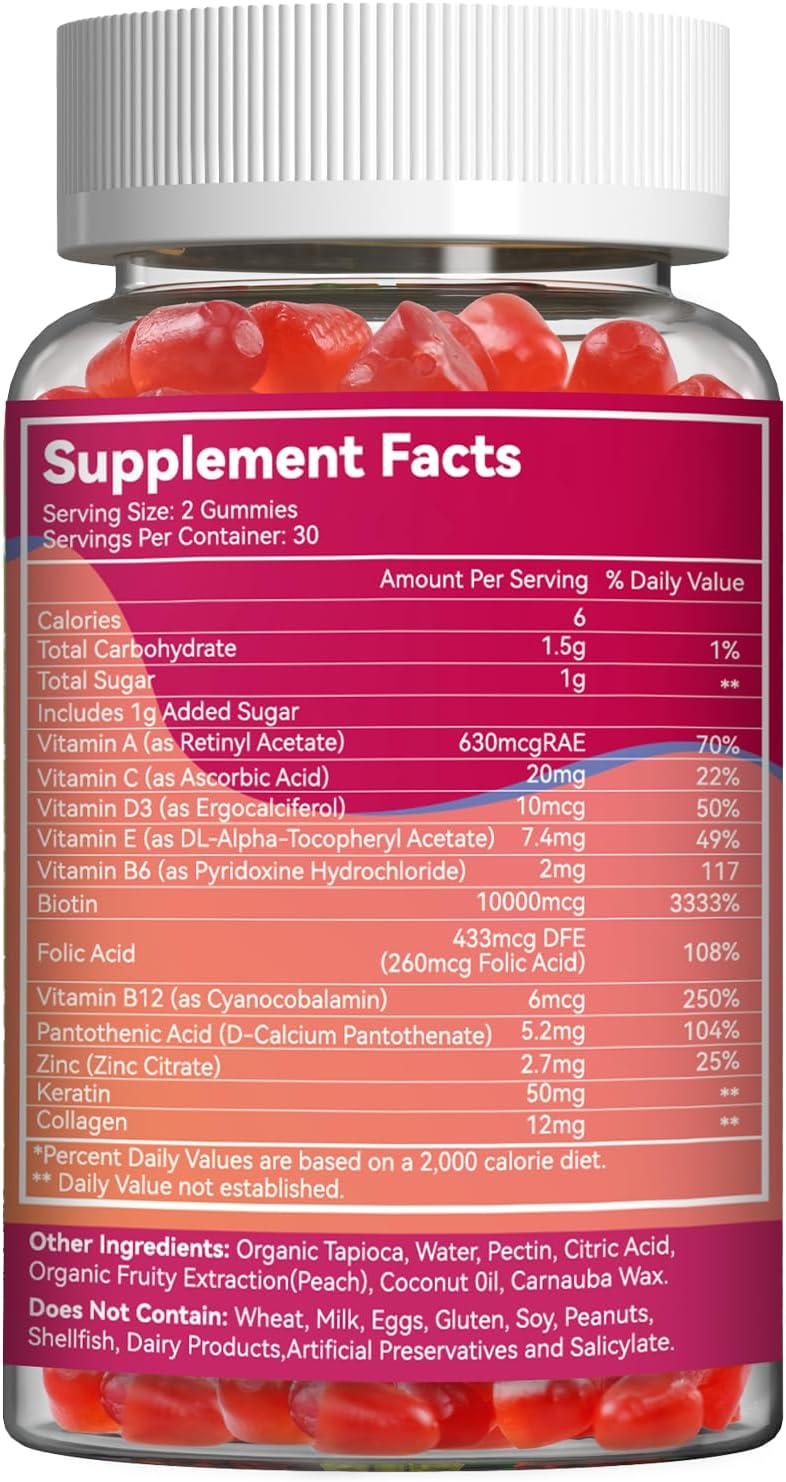 Vegan Hair Growth Gummies with Biotin 10000 mcg for Women & Men - Hair Skin Nails Vitamins with Folic Acid, Vitamin A, B, C, E & D - 60 Gummies