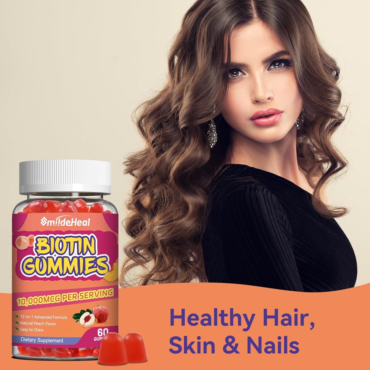 Vegan Hair Growth Gummies with Biotin 10000 mcg for Women & Men - Hair Skin Nails Vitamins with Folic Acid, Vitamin A, B, C, E & D - 60 Gummies
