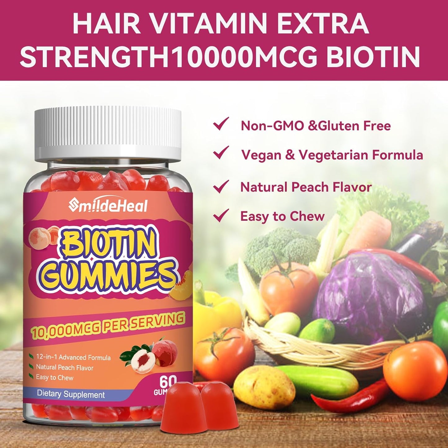Vegan Hair Growth Gummies with Biotin 10000 mcg for Women & Men - Hair Skin Nails Vitamins with Folic Acid, Vitamin A, B, C, E & D - 60 Gummies