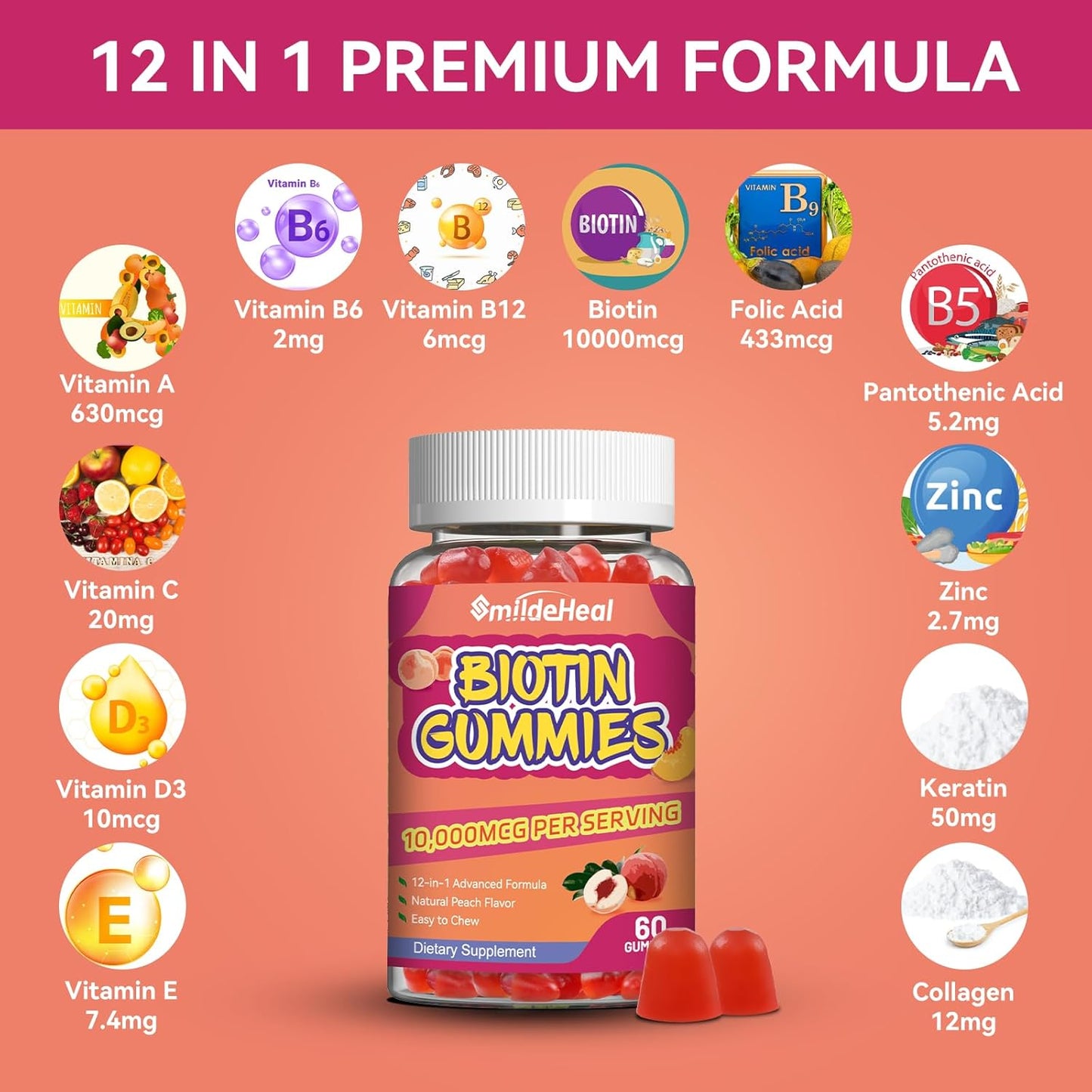 Vegan Hair Growth Gummies with Biotin 10000 mcg for Women & Men - Hair Skin Nails Vitamins with Folic Acid, Vitamin A, B, C, E & D - 60 Gummies