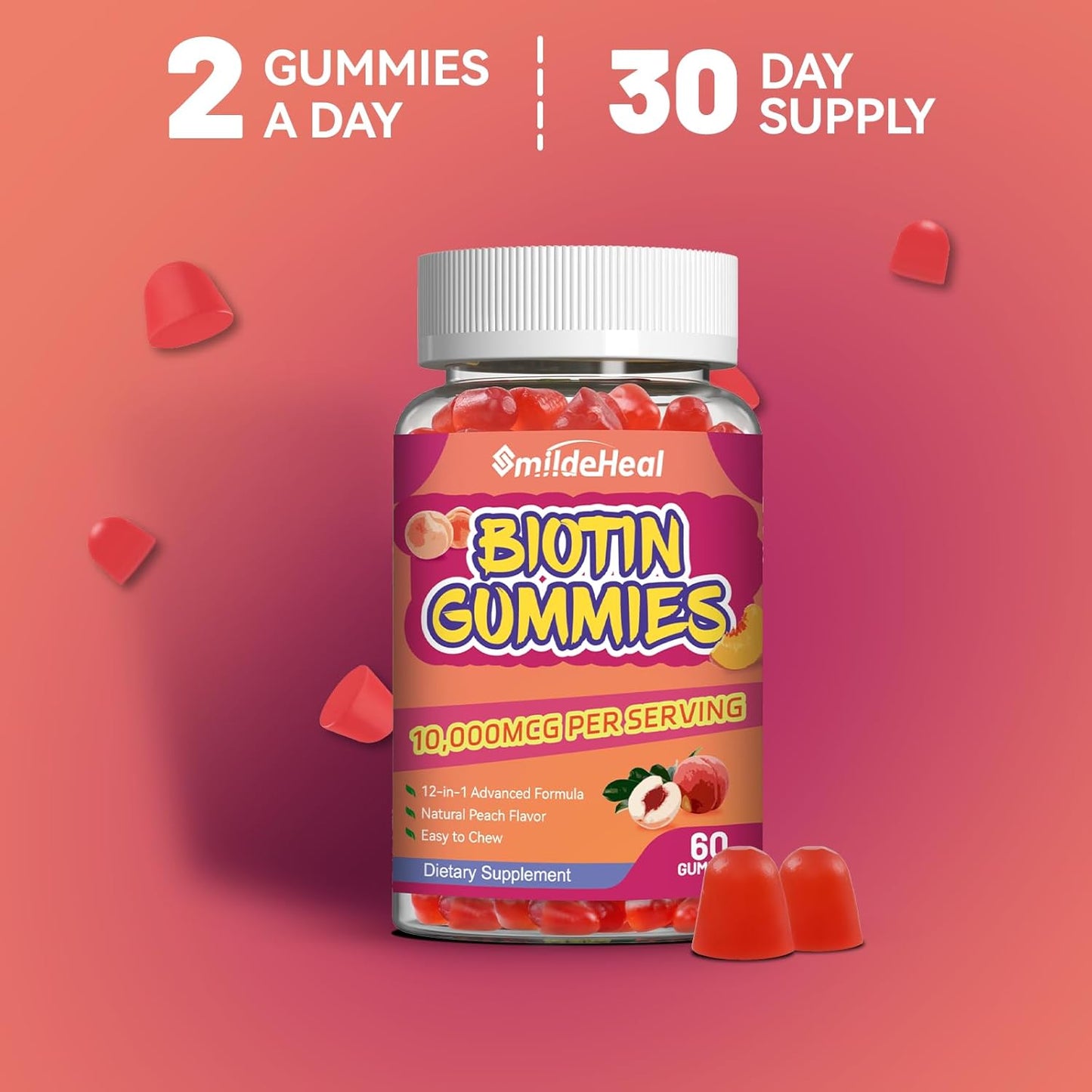 Vegan Hair Growth Gummies with Biotin 10000 mcg for Women & Men - Hair Skin Nails Vitamins with Folic Acid, Vitamin A, B, C, E & D - 60 Gummies