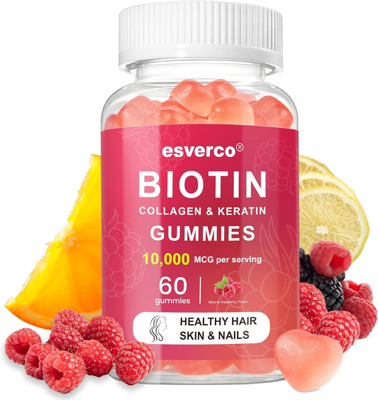 Vegan Hair Skin and Nails Gummies with Biotin 10000mcg, Keratin & Collagen - 60 Count Hair Growth & Strengthener for Women