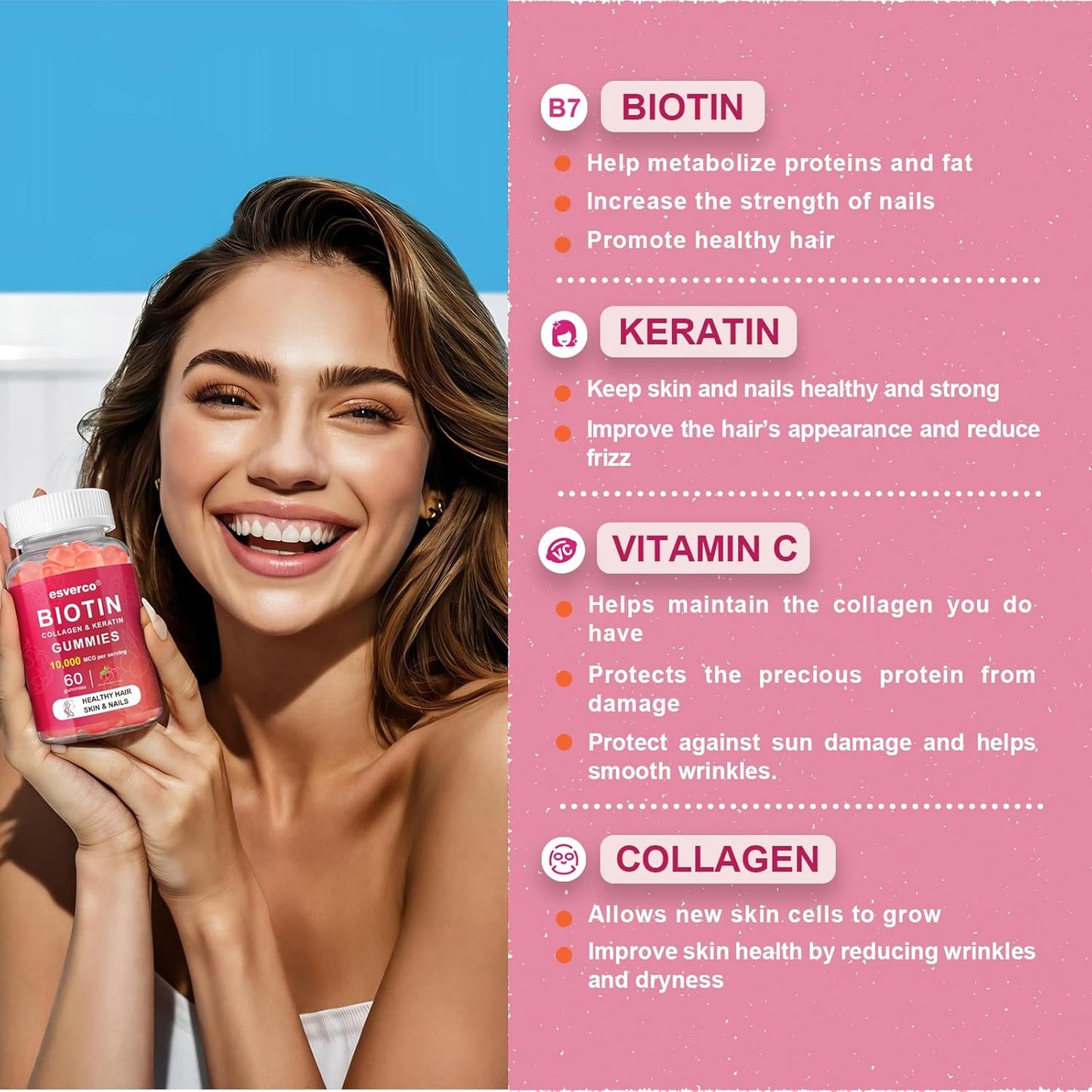 Vegan Hair Skin and Nails Gummies with Biotin 10000mcg, Keratin & Collagen - 60 Count Hair Growth & Strengthener for Women
