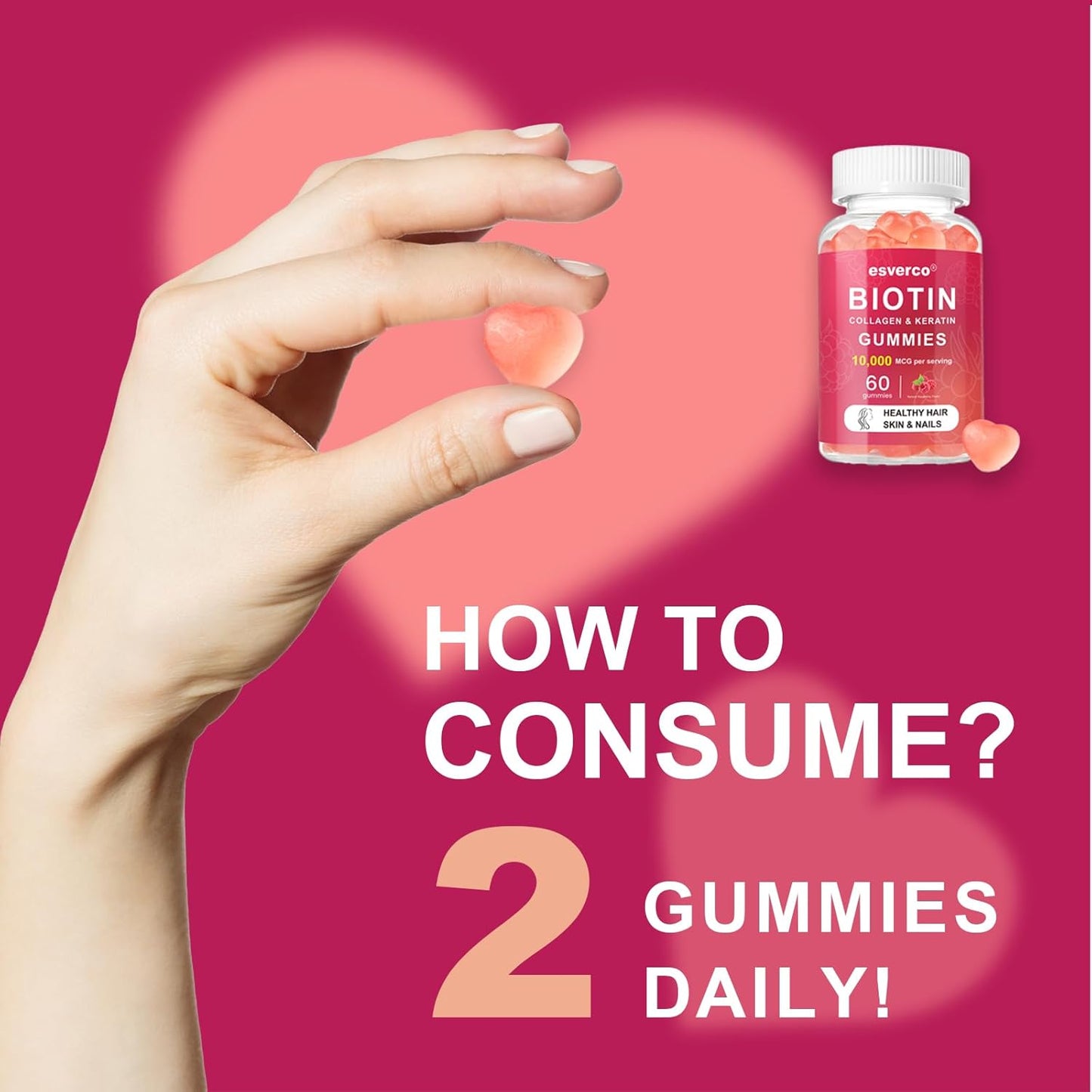 Vegan Hair Skin and Nails Gummies with Biotin 10000mcg, Keratin & Collagen - 60 Count Hair Growth & Strengthener for Women