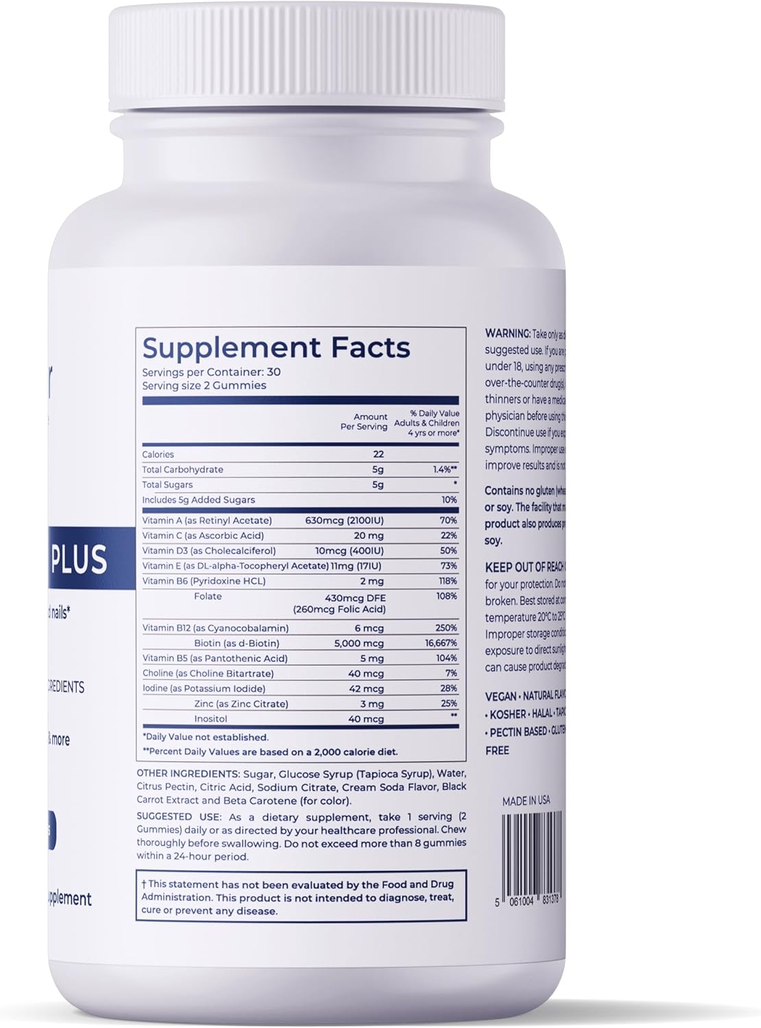 Vegan Hair Vitamins with Biotin, Zinc, and Vitamins for Hair Growth, Skin & Nails - 60 Gummies