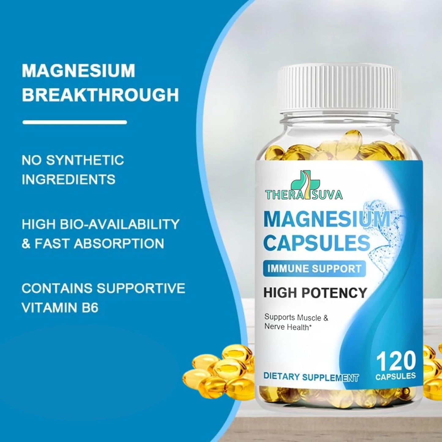 Vegan High Absorption Magnesium with Vitamin D & B6 - 120 Softgel Capsules, Natural Bone & Nerve Health
