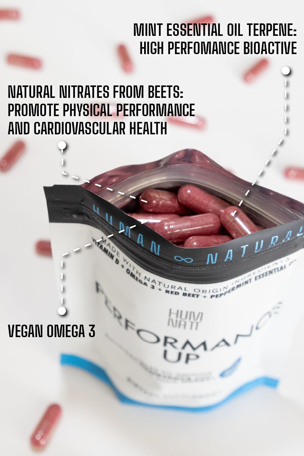 Vegan Humnatt Performance Supplement with Vitamin D, Omega-3, Beetroot & Peppermint Oil for Natural Energy and Endurance Support - 60 Capsules
