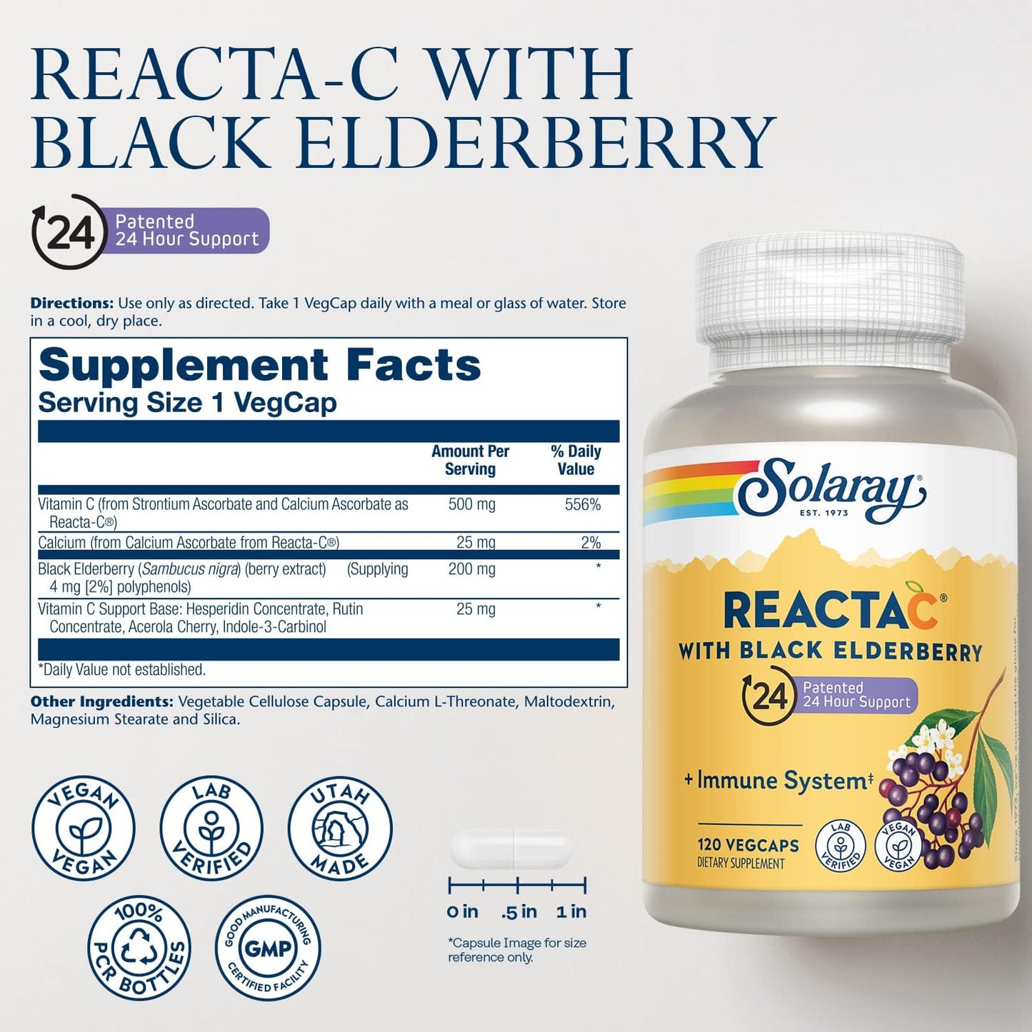 Vegan Immune Support Supplement with Vitamin C and Elderberry Extract - 120 Capsules