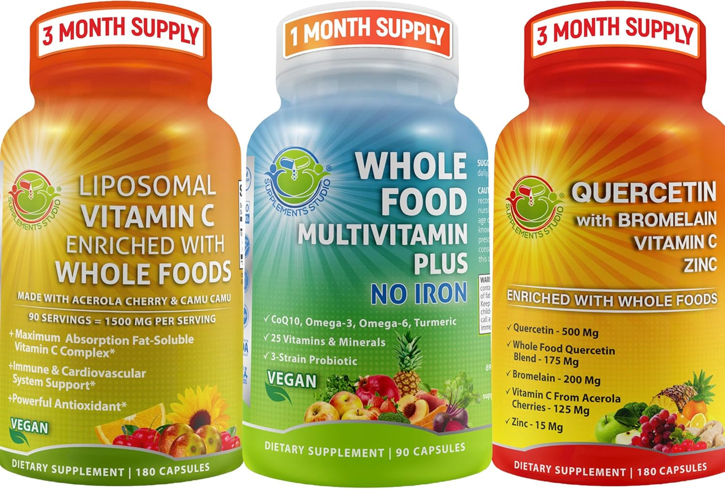 Vegan Immune Support Supplements Bundle: Liposomal Vitamin C 1500mg + Whole Food Multivitamin with Quercetin 500mg, Bromelain, Zinc