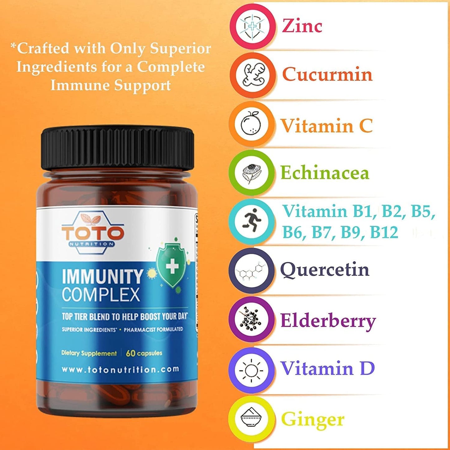 Vegan Immunity Support Supplement with Vitamin C, D, Elderberry, Echinacea, and Zinc for Boosting Immune System Health