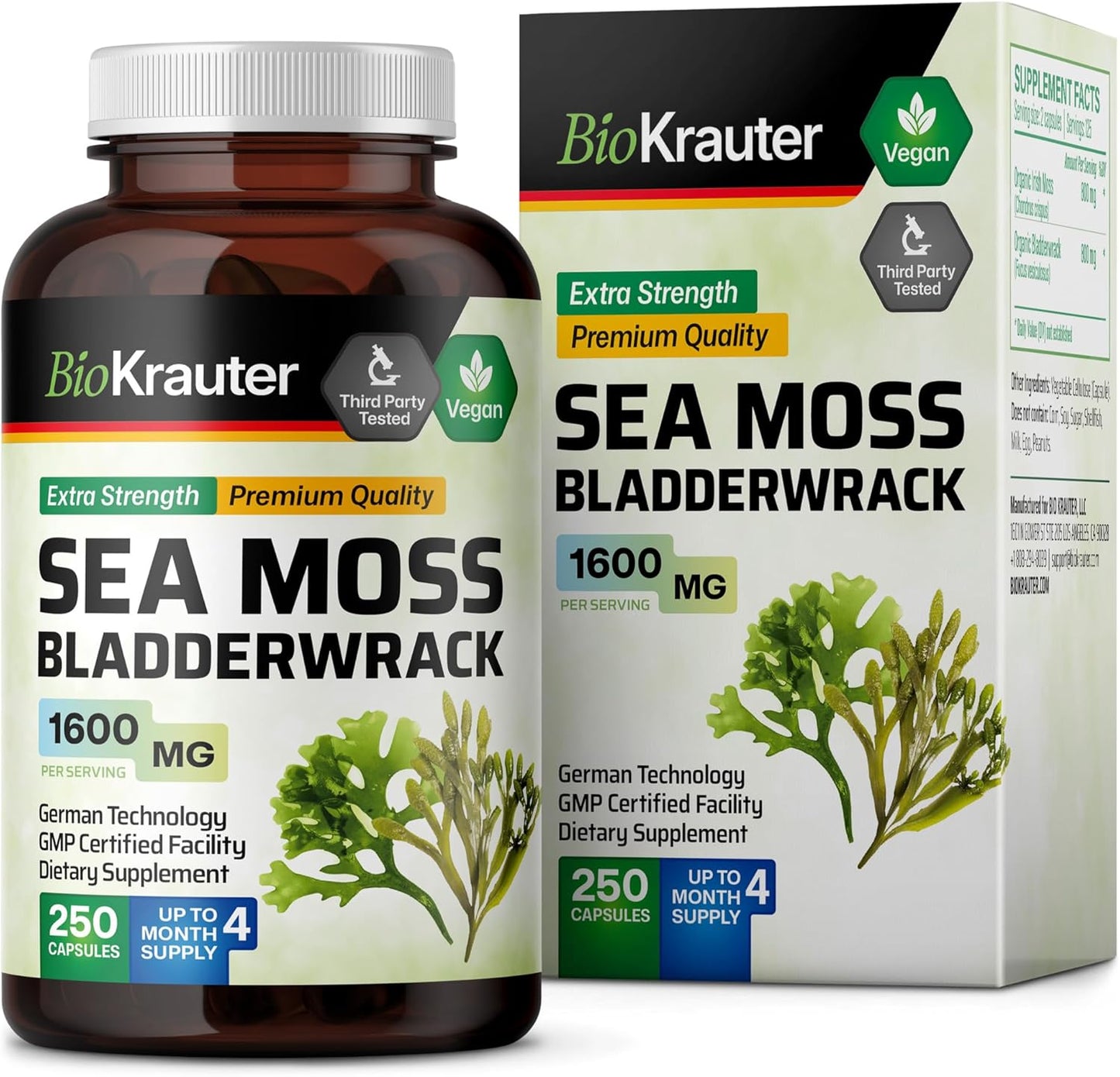 Vegan Irish Sea Moss Capsules 1600 mg - 250 Count - Organic Bladderwrack & Chondrus Crispus Supplement