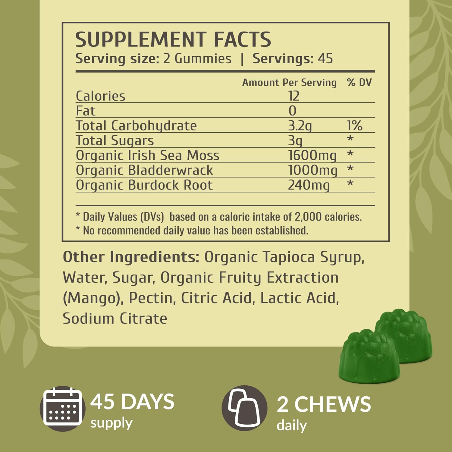 Vegan Irish Sea Moss Gummies with Bladderwrack & Burdock Root for Skin Glow & Immune Support - 90 Mango-Flavored Chews