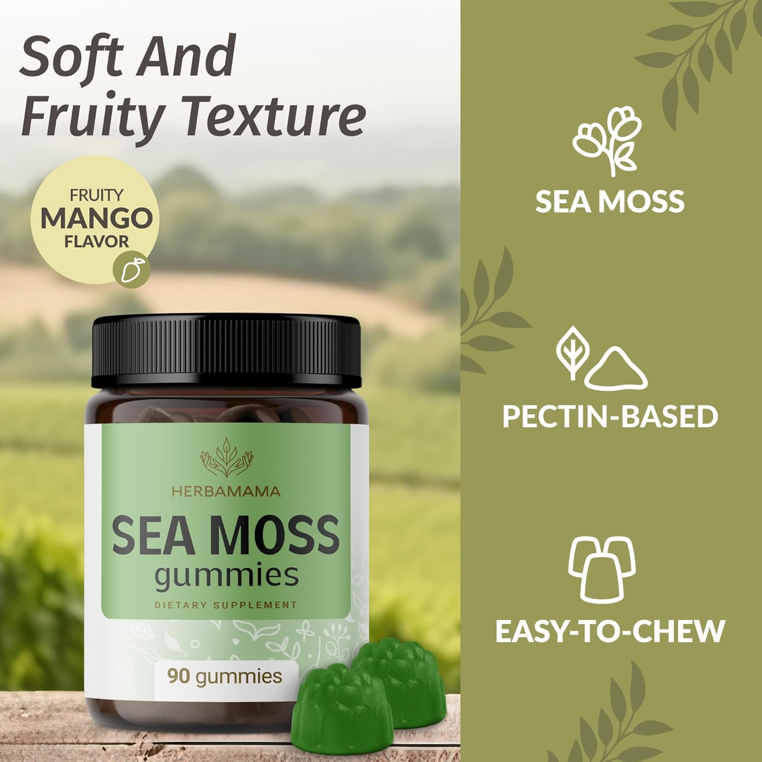 Vegan Irish Sea Moss Gummies with Bladderwrack & Burdock Root for Skin Glow & Immune Support - 90 Mango-Flavored Chews