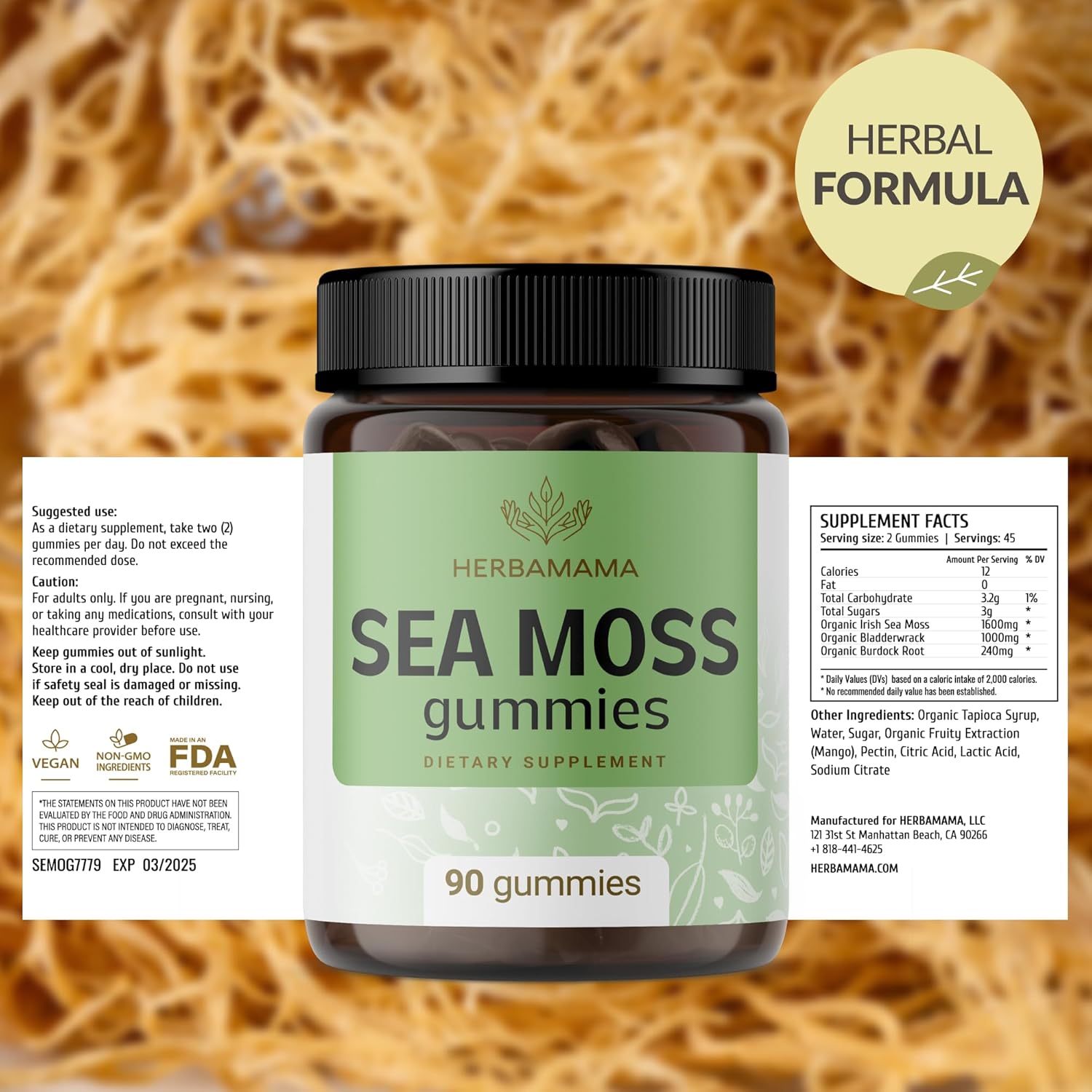 Vegan Irish Sea Moss Gummies with Bladderwrack & Burdock Root for Skin Glow & Immune Support - 90 Mango-Flavored Chews