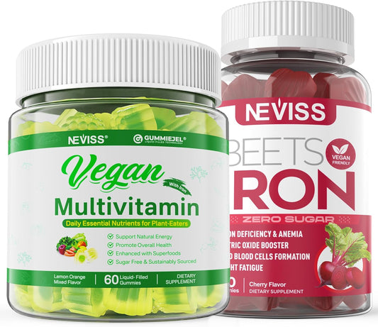 Vegan Iron Gummies with Multivitamin for Men and Women - Includes Iron, Vitamin B12, A, D3, K2, Omega 3, Magnesium, Zinc