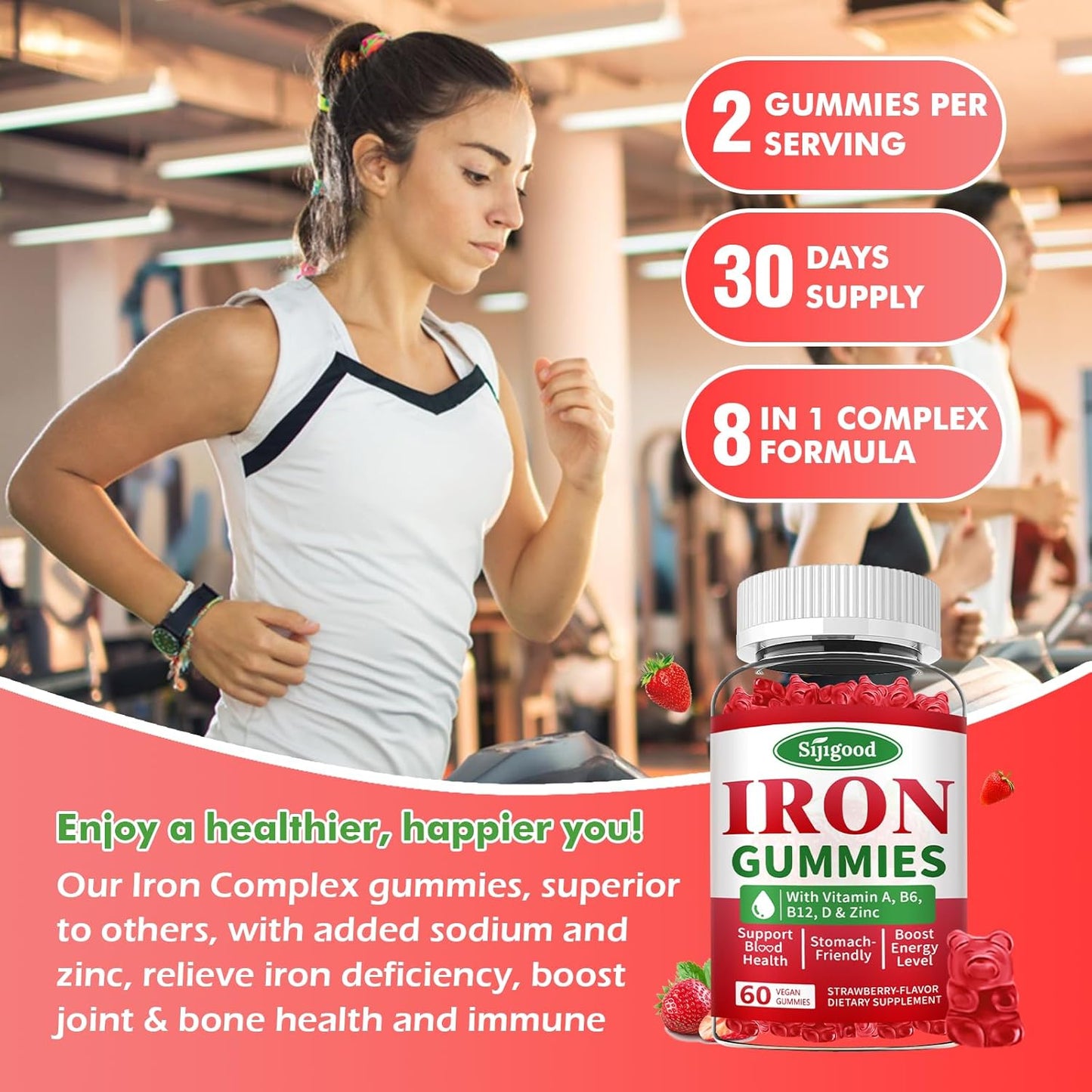 Vegan Iron Gummies with Vitamin B12, C, Zinc – Energy Boost Supplement for Anemia, Iron Deficiency – Strawberry Flavored, Sugar-Free – 60 Count