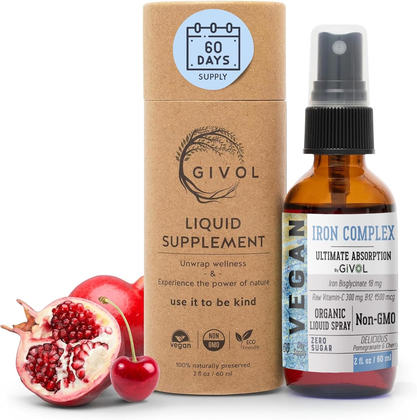 Vegan Iron Supplement Spray with Vitamin C & B12 for Energy & Immunity Boost - 18mg Bisglycinate Complex, Optimal Absorption - Non-GMO, Sugar-Free (60ml)