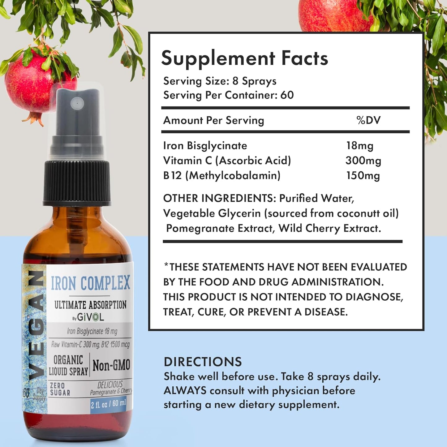Vegan Iron Supplement Spray with Vitamin C & B12 for Energy & Immunity Boost - 18mg Bisglycinate Complex, Optimal Absorption - Non-GMO, Sugar-Free (60ml)