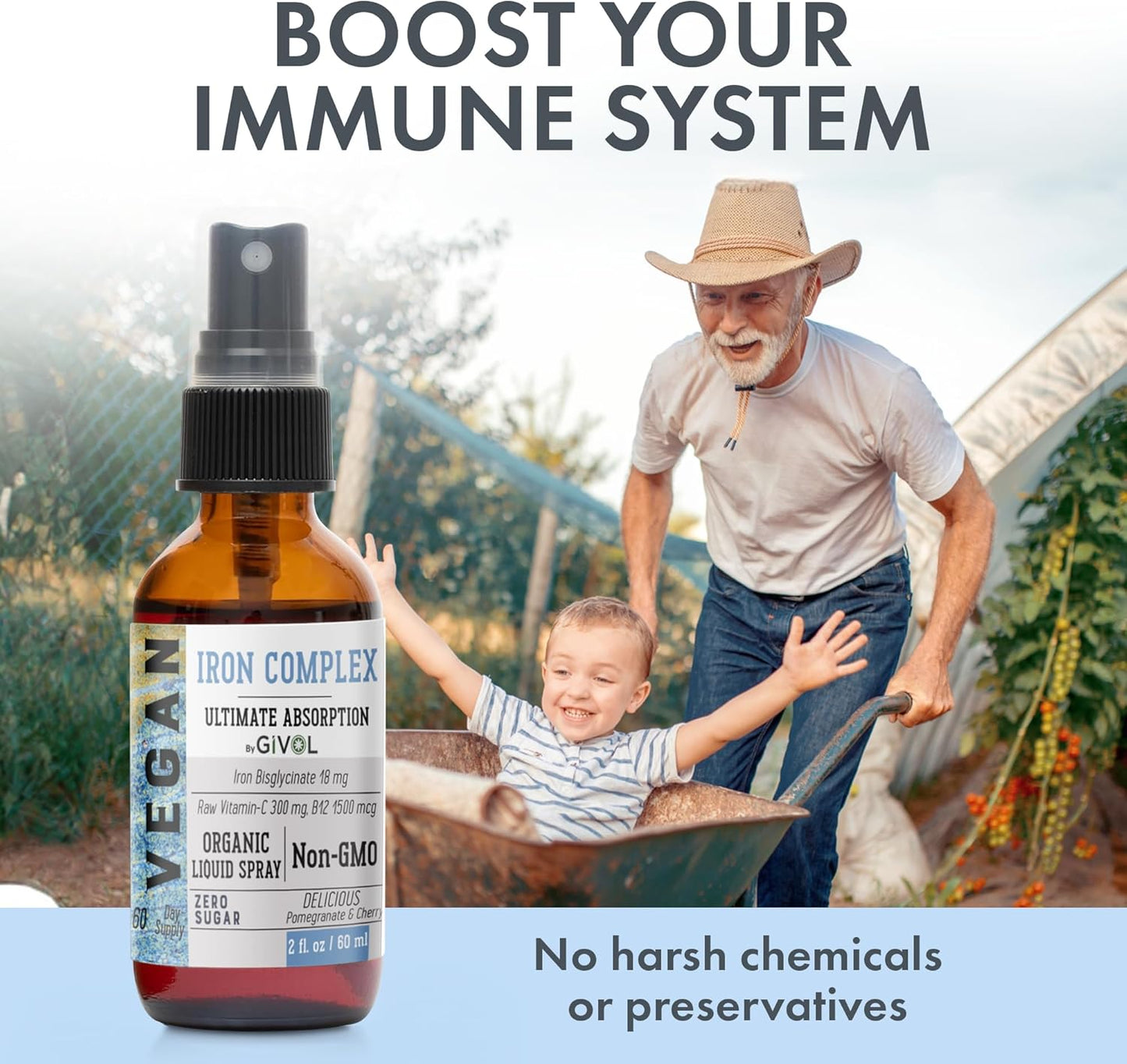 Vegan Iron Supplement Spray with Vitamin C & B12 for Energy & Immunity Boost - 18mg Bisglycinate Complex, Optimal Absorption - Non-GMO, Sugar-Free (60ml)