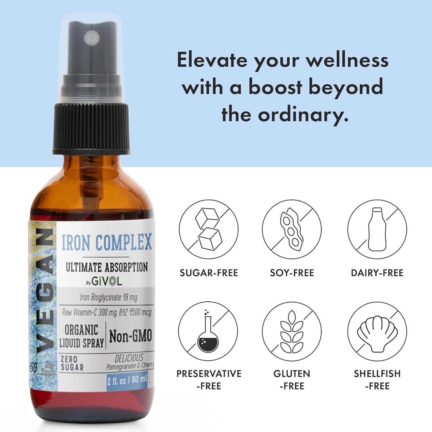 Vegan Iron Supplement Spray with Vitamin C & B12 for Energy & Immunity Boost - 18mg Bisglycinate Complex, Optimal Absorption - Non-GMO, Sugar-Free (60ml)