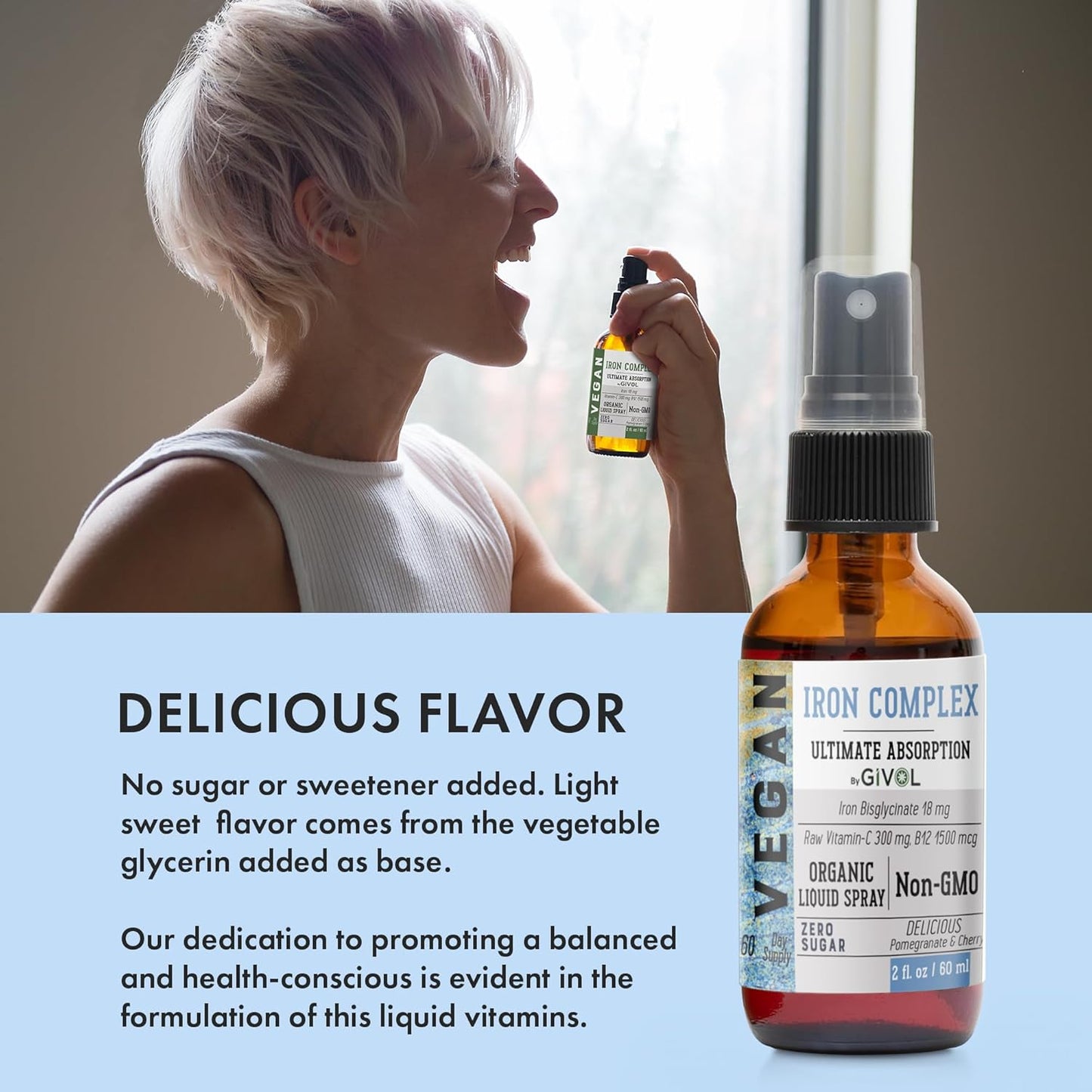 Vegan Iron Supplement Spray with Vitamin C & B12 for Energy & Immunity Boost - 18mg Bisglycinate Complex, Optimal Absorption - Non-GMO, Sugar-Free (60ml)