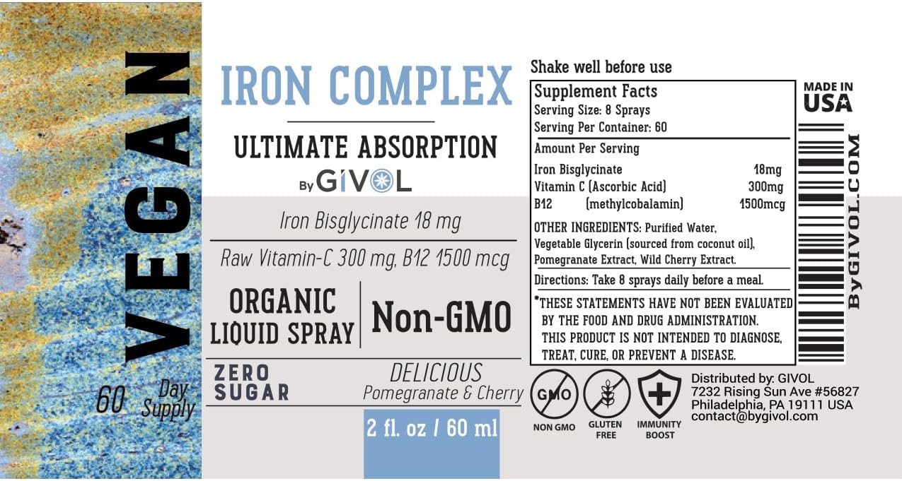 Vegan Iron Supplement Spray with Vitamin C & B12 for Energy & Immunity Boost - 18mg Bisglycinate Complex, Optimal Absorption - Non-GMO, Sugar-Free (60ml)