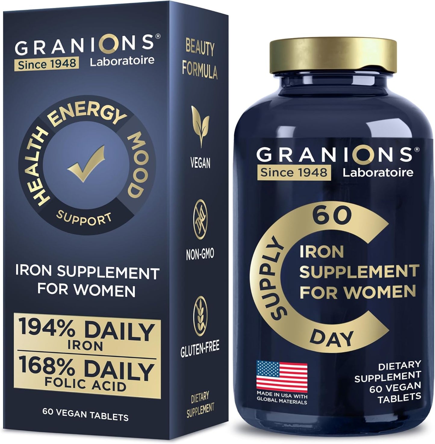 Vegan Iron Supplements for Women - High Daily Iron Supplement for Pregnancy and Anemia - Prenatal Vitamins with Folic Acid - 60 Tablets