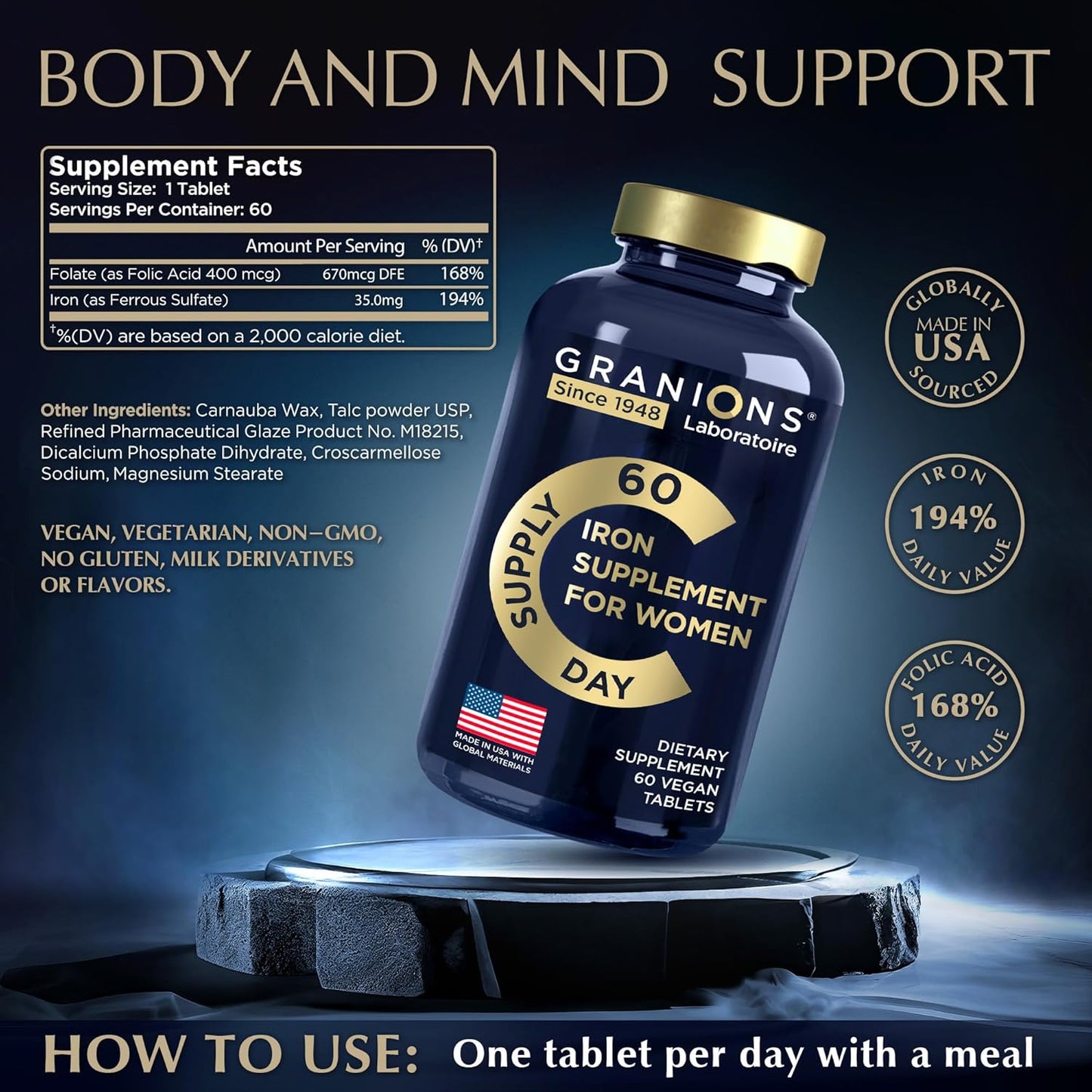 Vegan Iron Supplements for Women - High Daily Iron Supplement for Pregnancy and Anemia - Prenatal Vitamins with Folic Acid - 60 Tablets