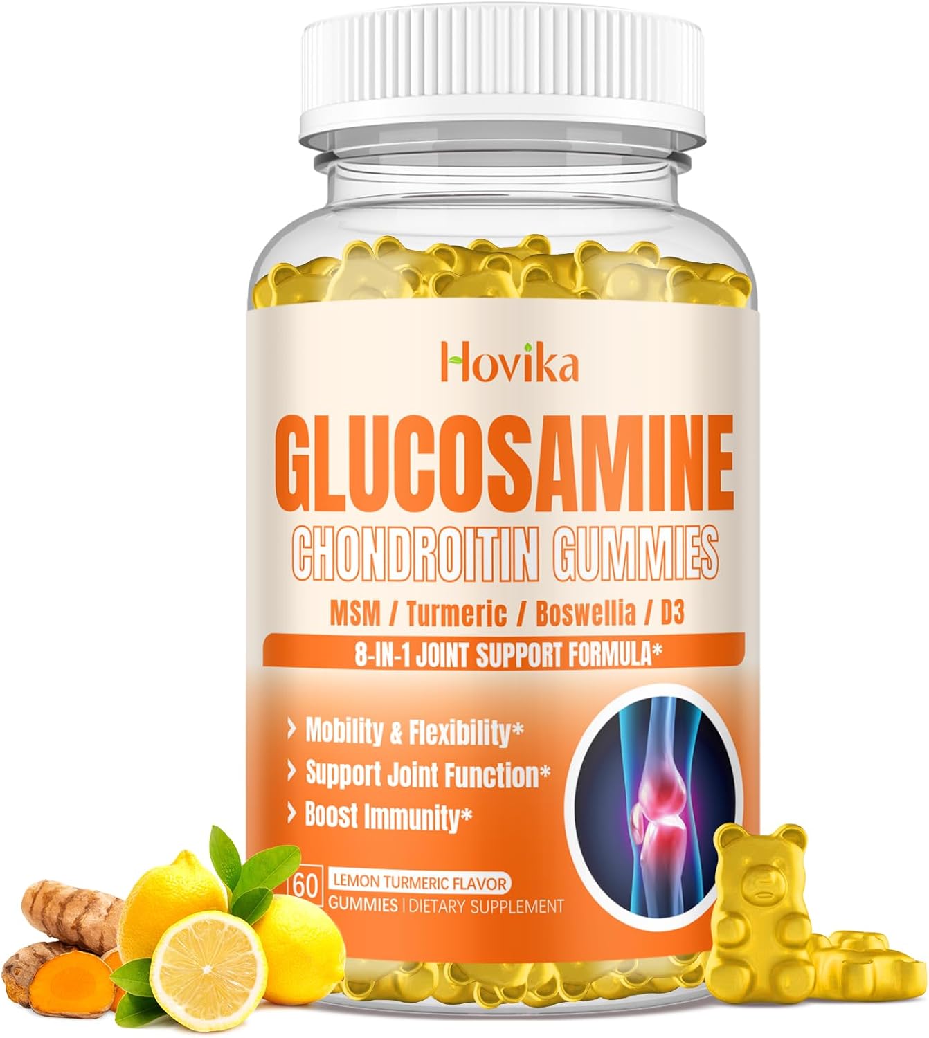 Vegan Joint Support Gummies with Glucosamine, Chondroitin, MSM, Turmeric, Boswellia, Vitamin D3, Hyaluronic Acid - 1500mg, Antioxidant & Immune Support for Adults - 60 Gummies