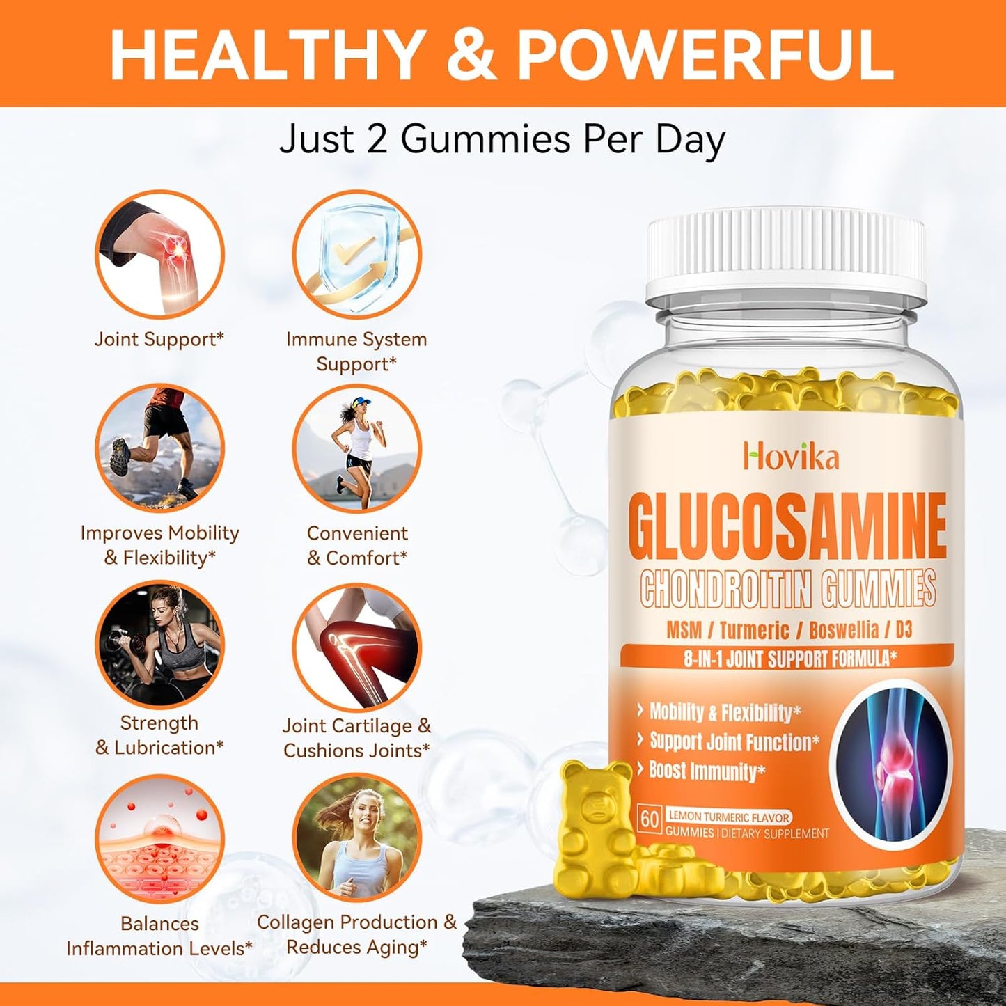 Vegan Joint Support Gummies with Glucosamine, Chondroitin, MSM, Turmeric, Boswellia, Vitamin D3, Hyaluronic Acid - 1500mg, Antioxidant & Immune Support for Adults - 60 Gummies