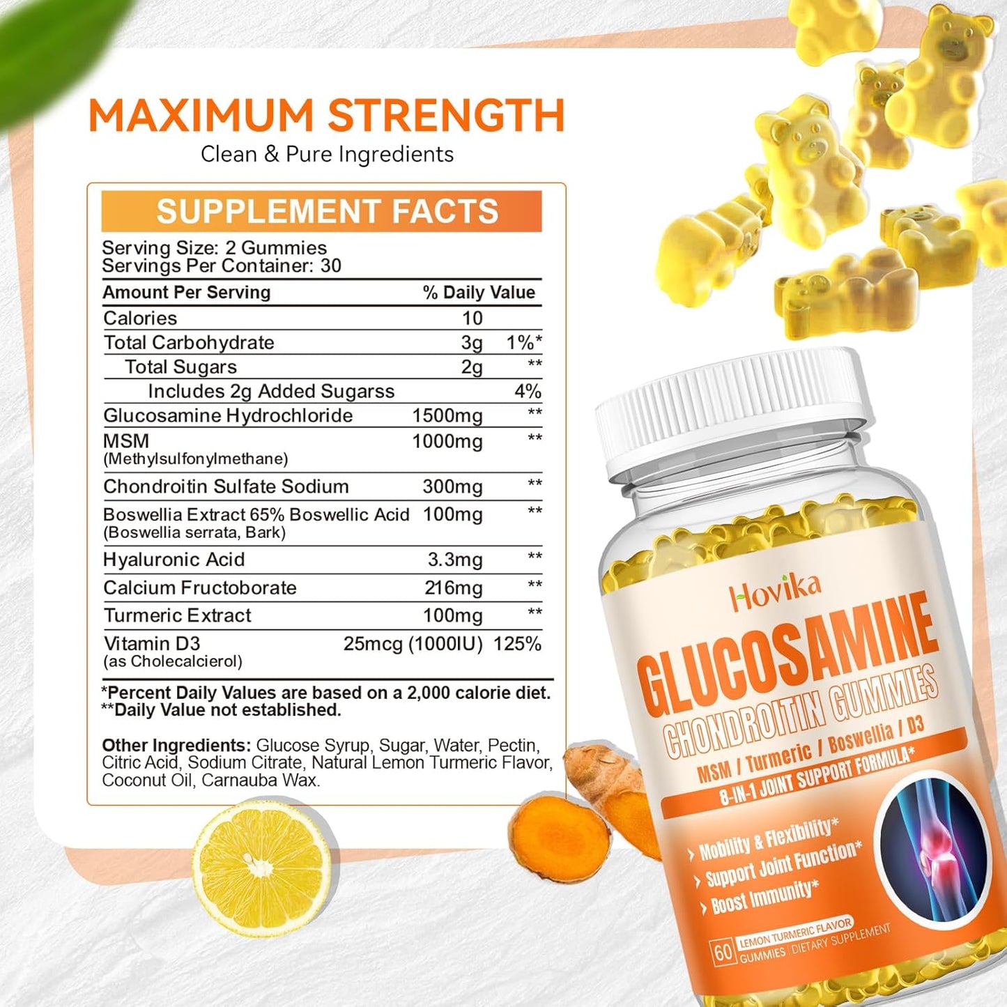 Vegan Joint Support Gummies with Glucosamine, Chondroitin, MSM, Turmeric, Boswellia, Vitamin D3, Hyaluronic Acid - 1500mg, Antioxidant & Immune Support for Adults - 60 Gummies