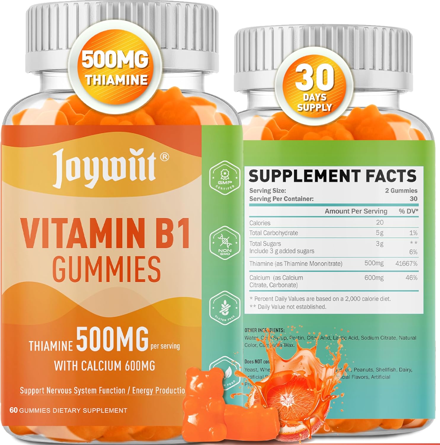 Vegan Joywiit Vitamin B1 Gummies 500mg with Calcium Citrate, Chewable Thiamine B1 Supplement for Adults, Natural Orange Flavor, Supports Nervous System