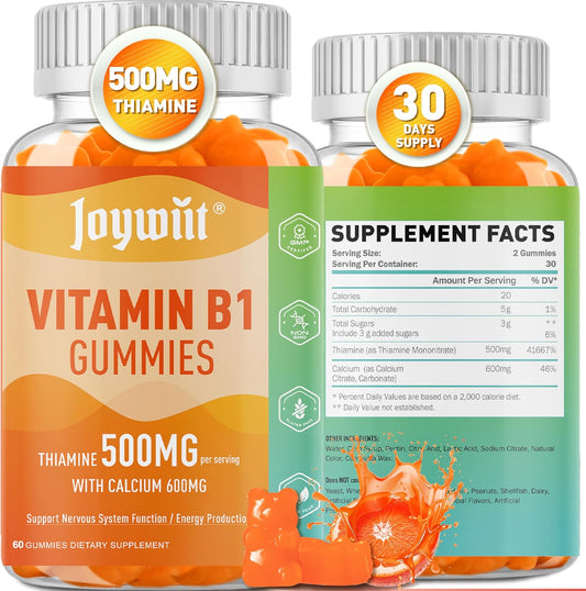 Vegan Joywiit Vitamin B1 Gummies 500mg with Calcium Citrate, Chewable Thiamine B1 Supplement for Adults, Natural Orange Flavor, Supports Nervous System