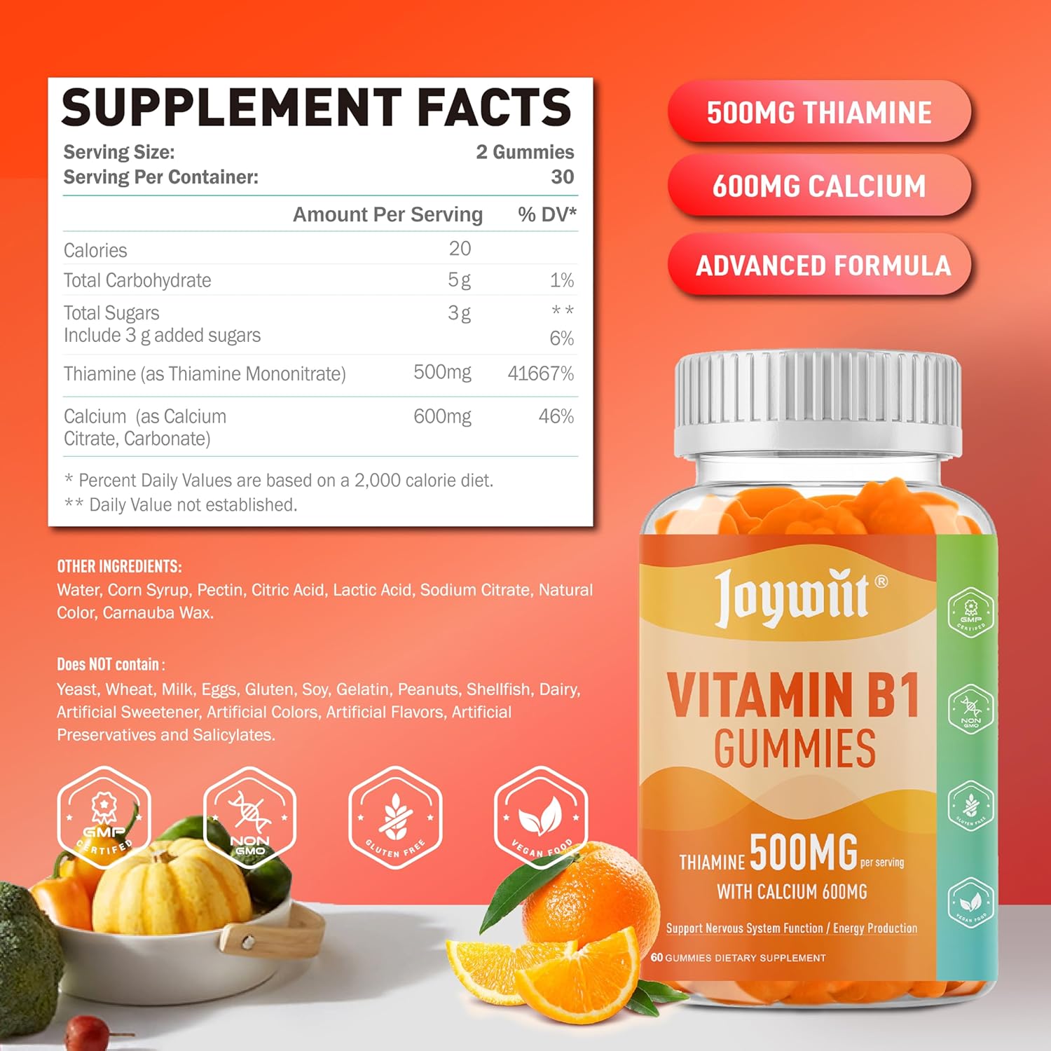 Vegan Joywiit Vitamin B1 Gummies 500mg with Calcium Citrate, Chewable Thiamine B1 Supplement for Adults, Natural Orange Flavor, Supports Nervous System